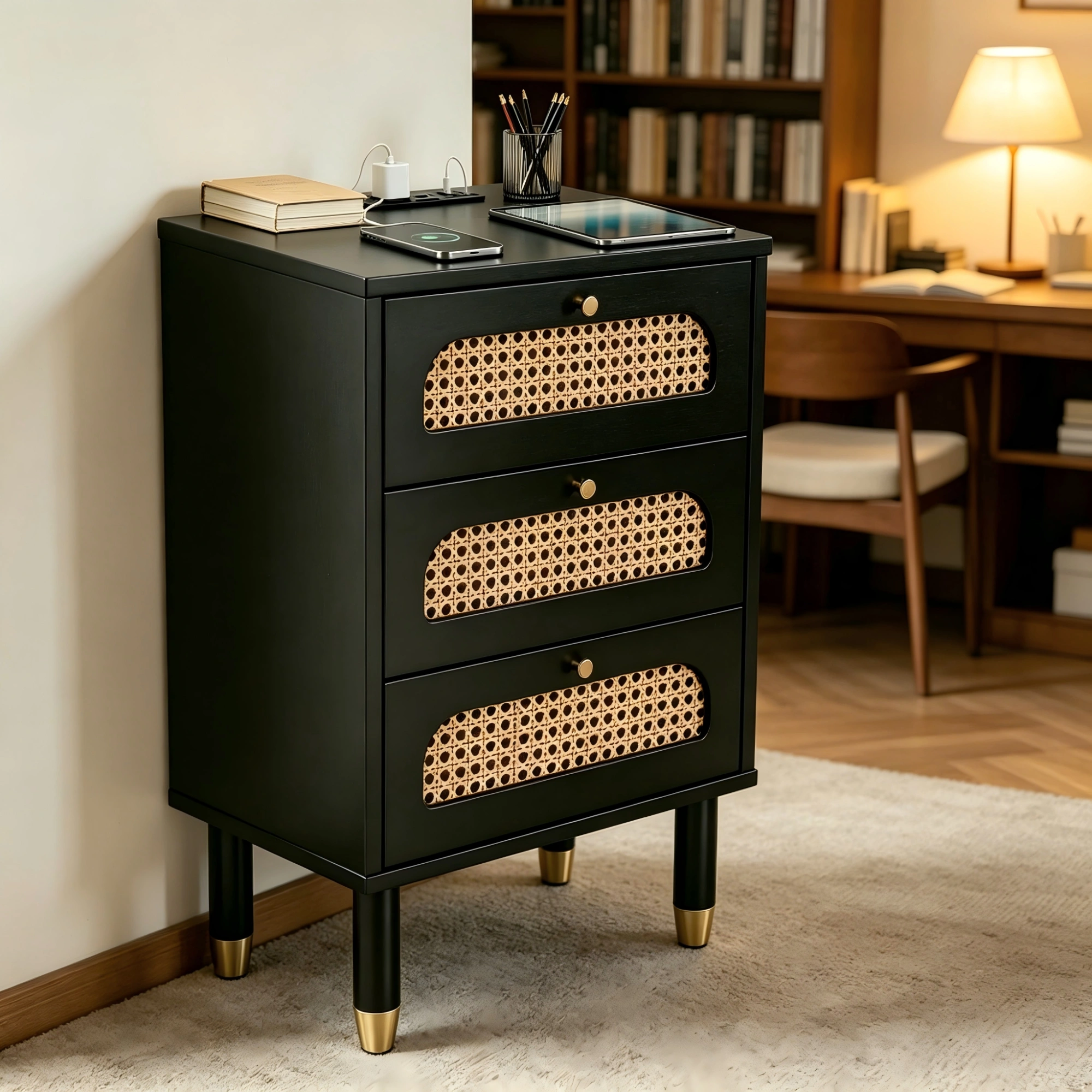 3-Drawer Nightstand with Woven Rattan Fronts and Built-in Power Outlet 15.75"*13.78"*23.82" Black view 12