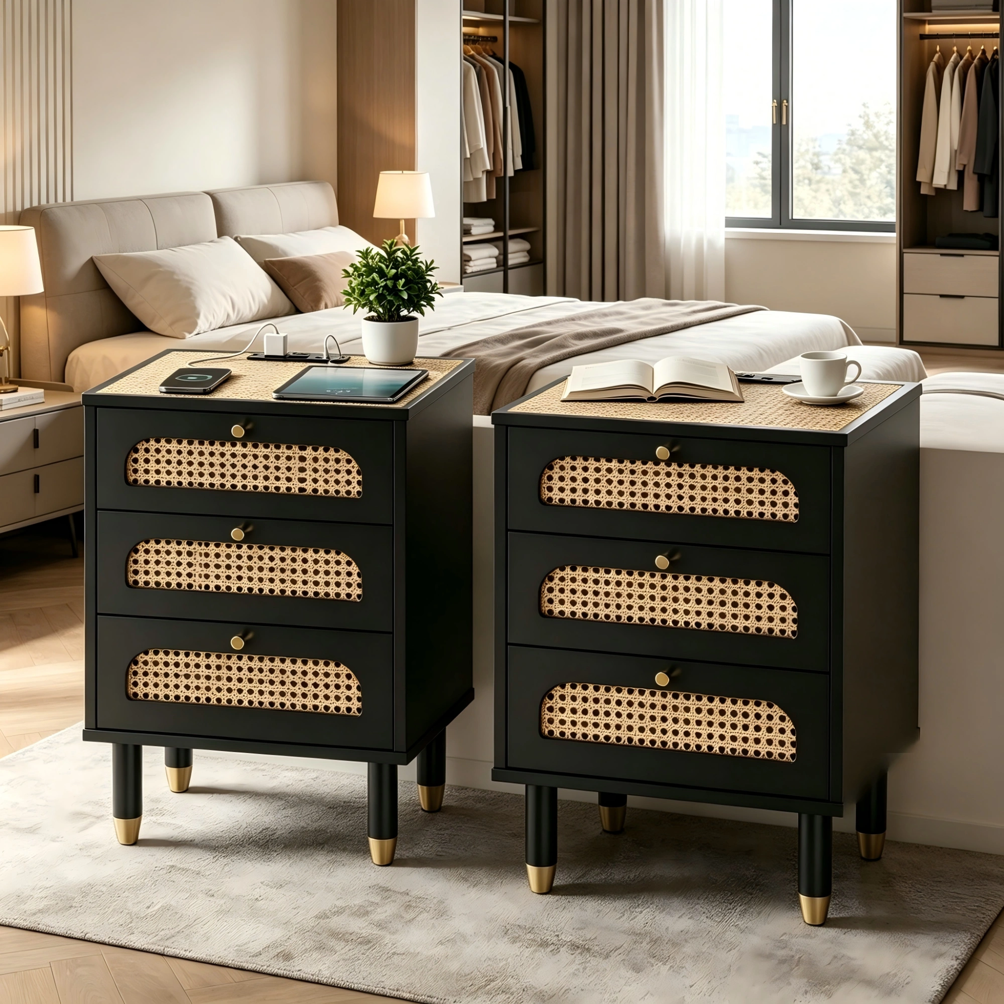 3-Drawer Nightstand with Woven Rattan Fronts and Built-in Power Outlet 15.75"*13.78"*23.82" Black view 13