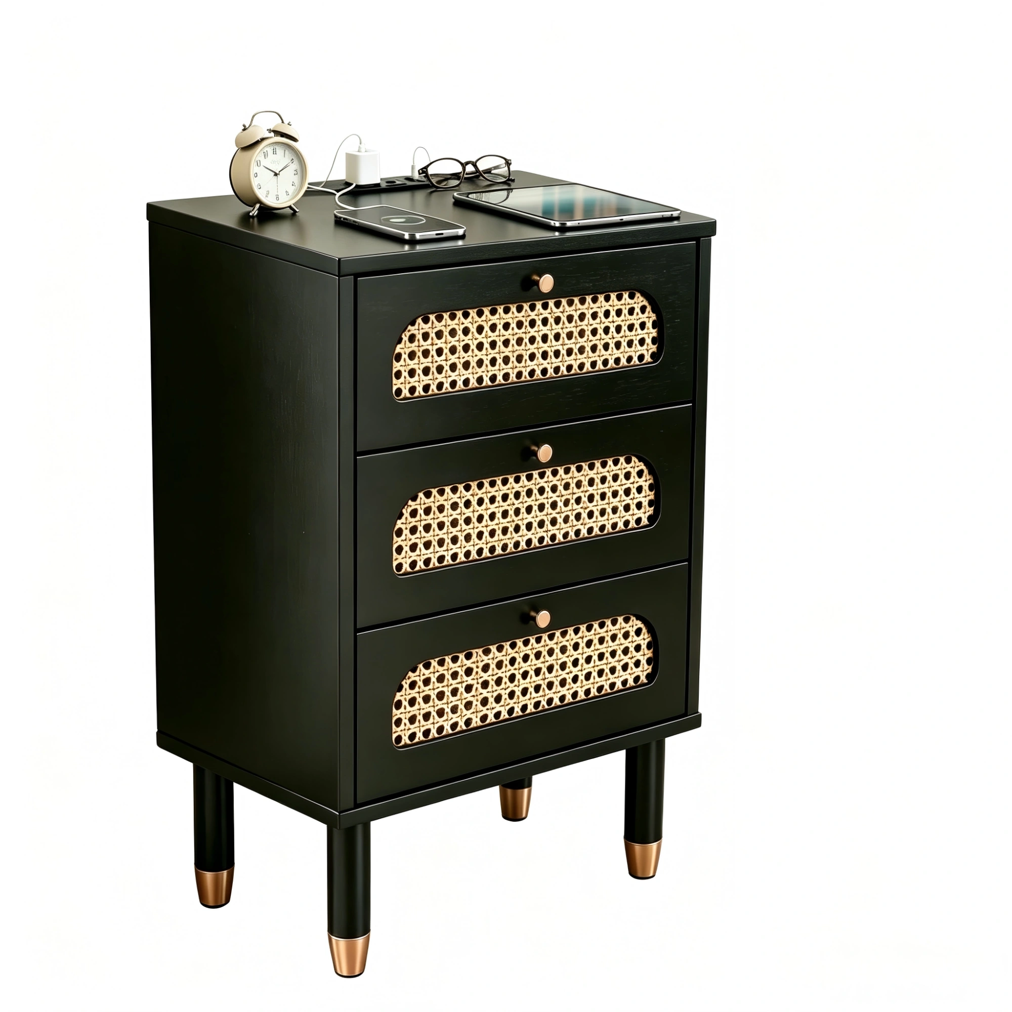 3-Drawer Nightstand with Woven Rattan Fronts and Built-in Power Outlet 15.75"*13.78"*23.82" Black view 3