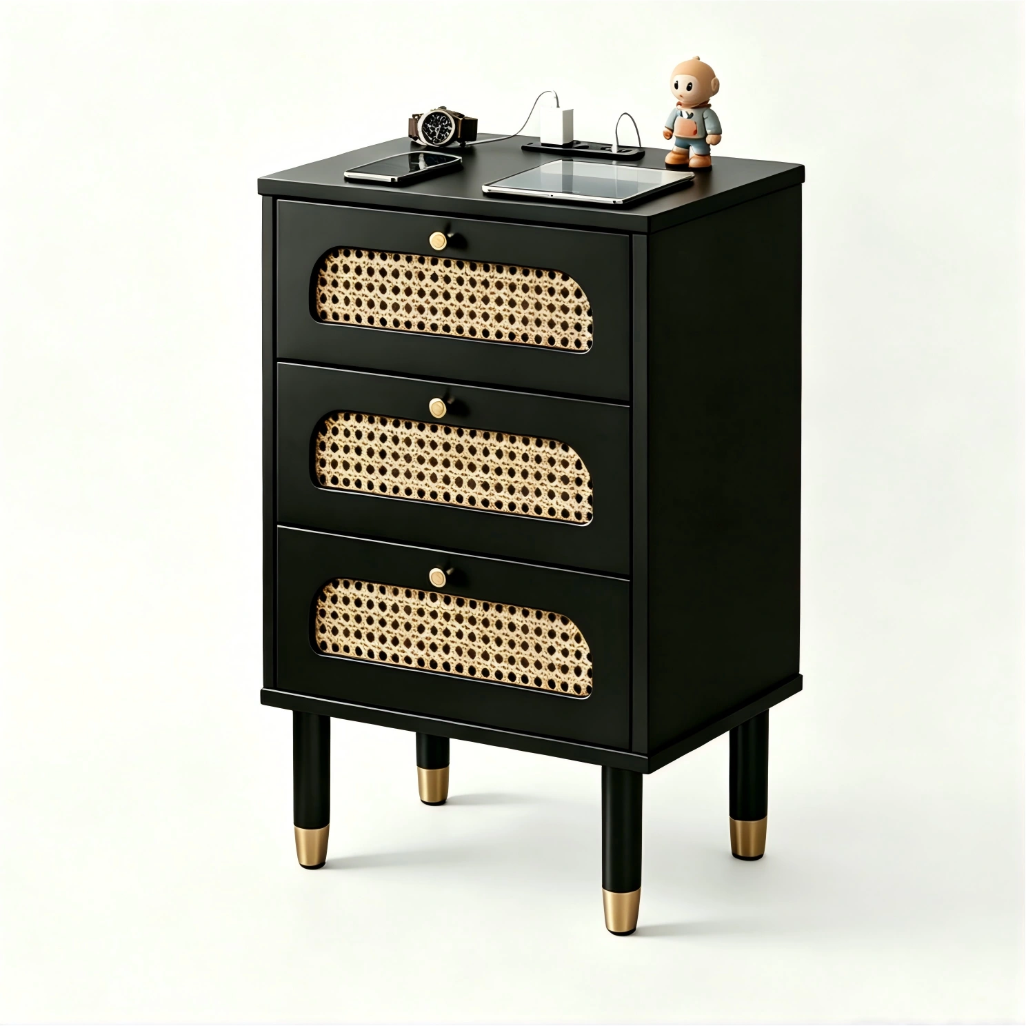 3-Drawer Nightstand with Woven Rattan Fronts and Built-in Power Outlet 15.75"*13.78"*23.82" Black view 4