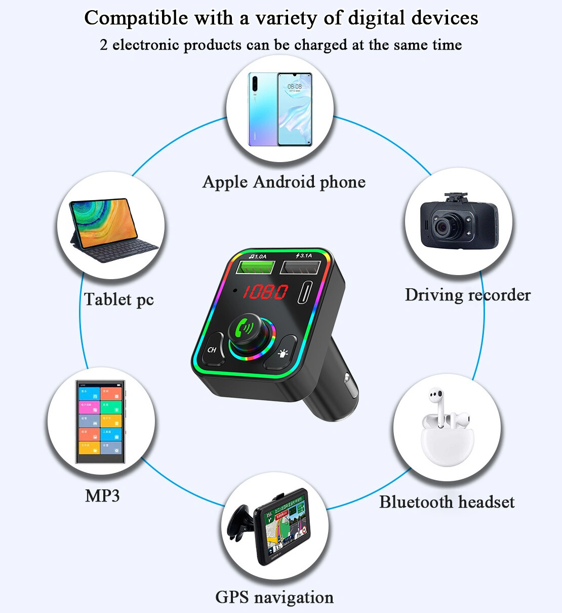 2 Pack Bluetooth 5.0 Wireless Car FM Transmitter MP3 Player Radio with 2 USB Charger Adapter view 3
