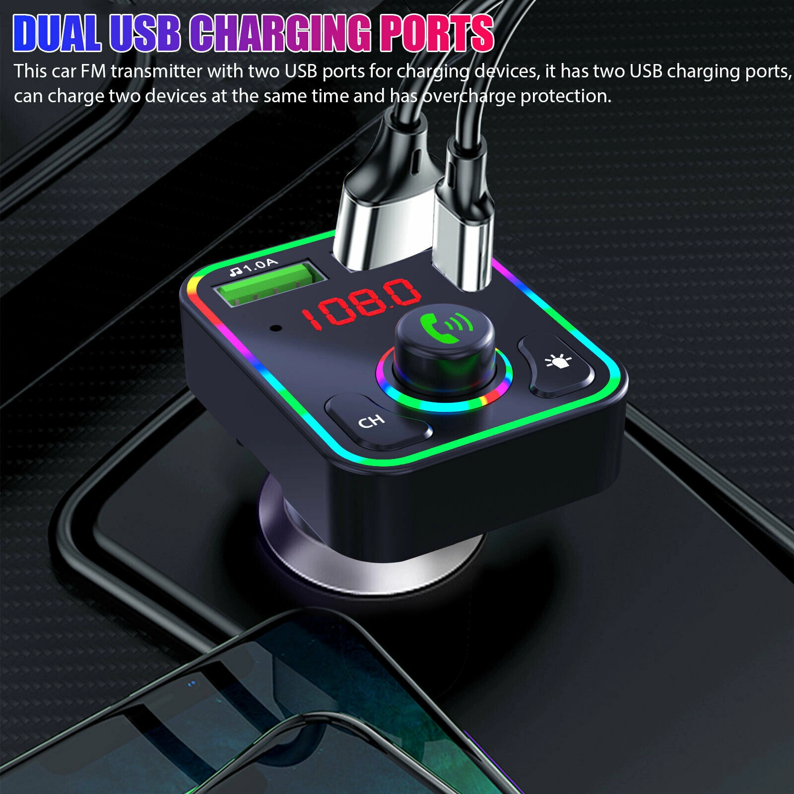 2 Pack Bluetooth 5.0 Wireless Car FM Transmitter MP3 Player Radio with 2 USB Charger Adapter view 5