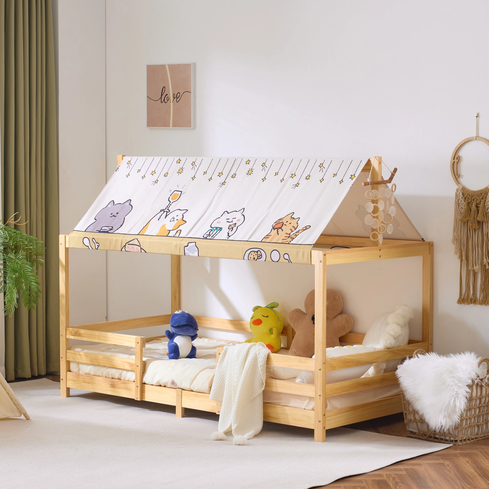 Kids Cottage Bed Frame Natural Wood Pine Toddler Bed with Fabric Canopy Roof 195x95x141cm view 2