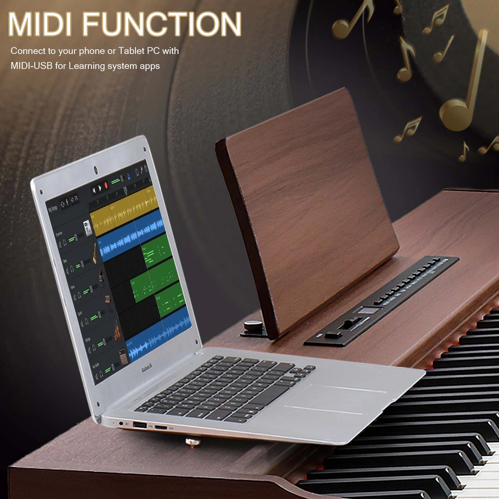GDP-104 88 Keys Full Weighted Digital Piano with Furniture Stand Power Adapter Triple Pedals Headphones Black Walnut All Levels view 5