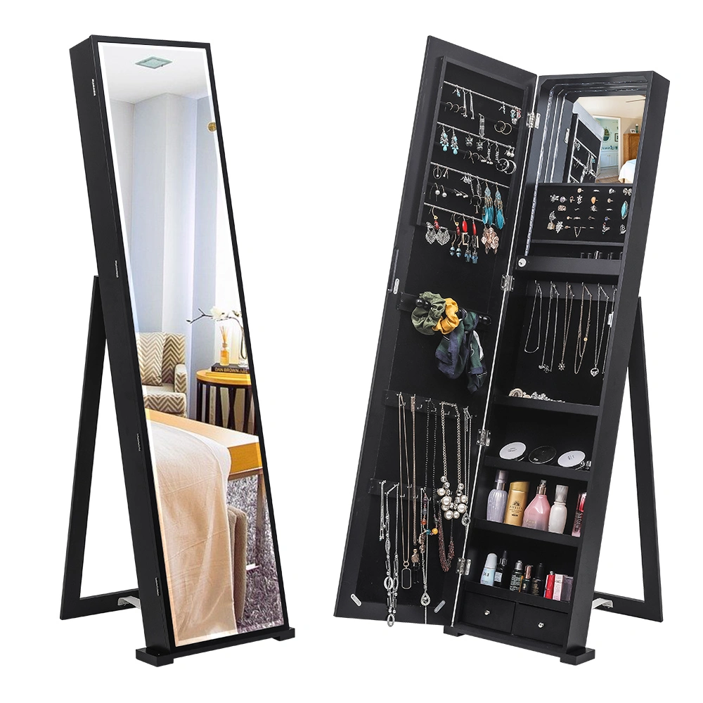 79" Blue LED Jewelry Cabinet, Upright Jewelry Storage Armoire with Full-Length Mirror, Black Frame