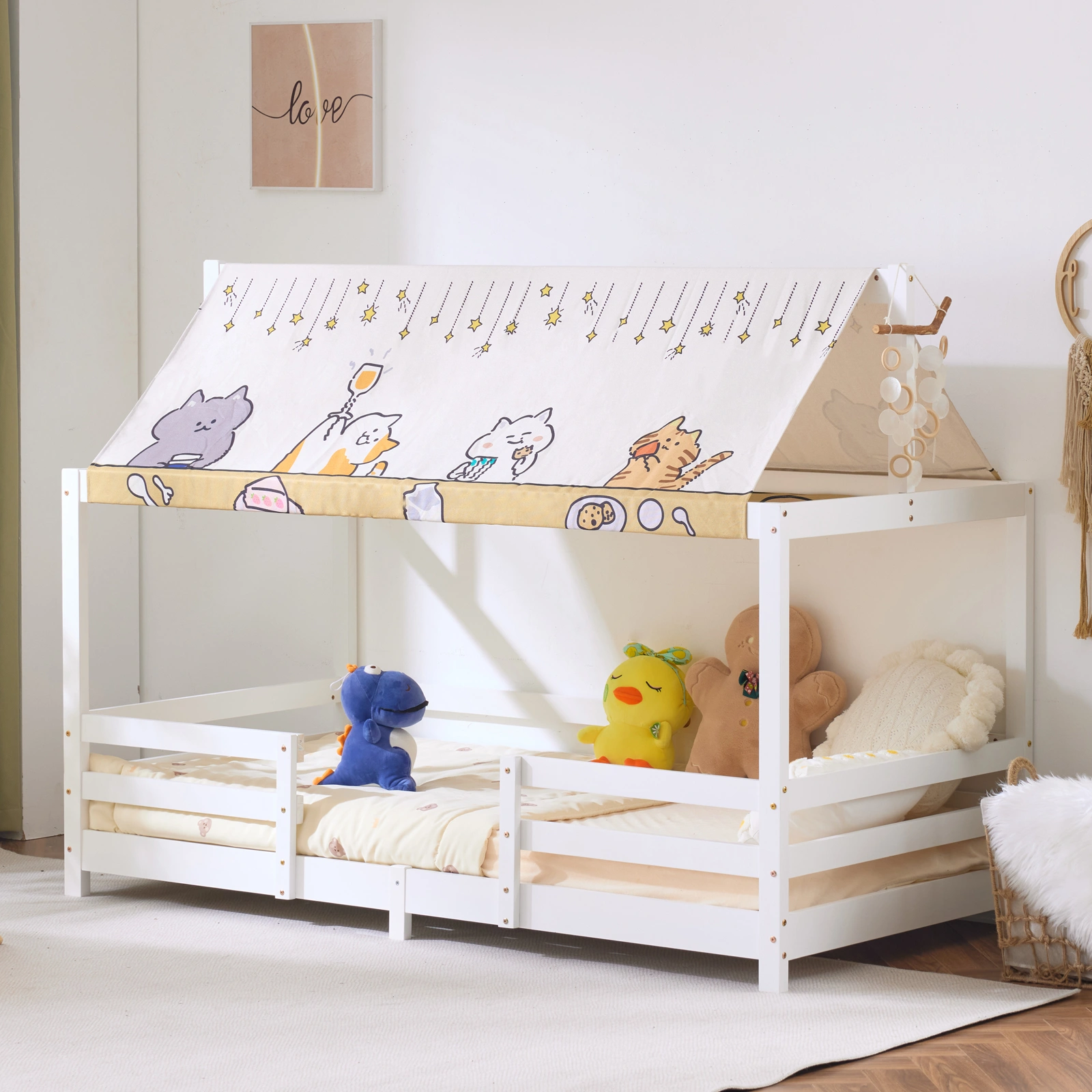 Kids Cottage Bed Frame White Pine Wood Toddler Bed with Fabric Canopy Roof 195x95x141cm
