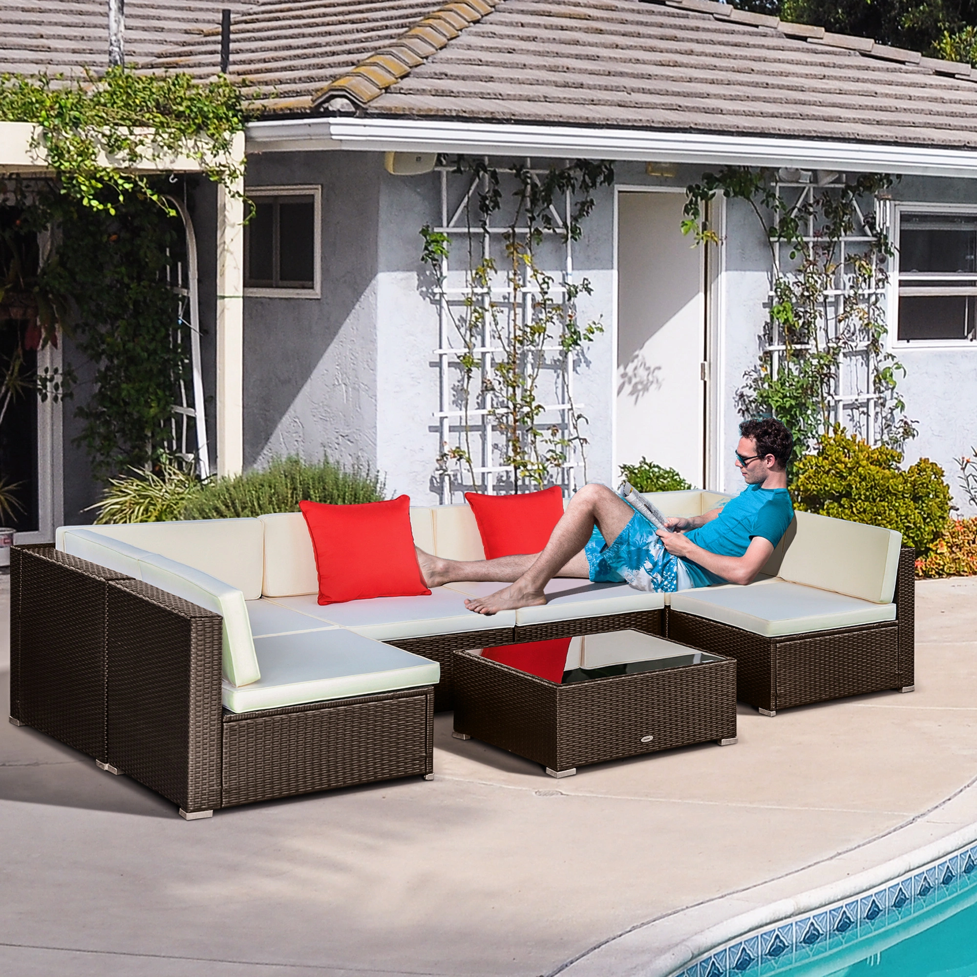 Outdoor Patio Furniture 5-Piece Rattan Wicker Sectional Sofa Set with Glass Coffee Table