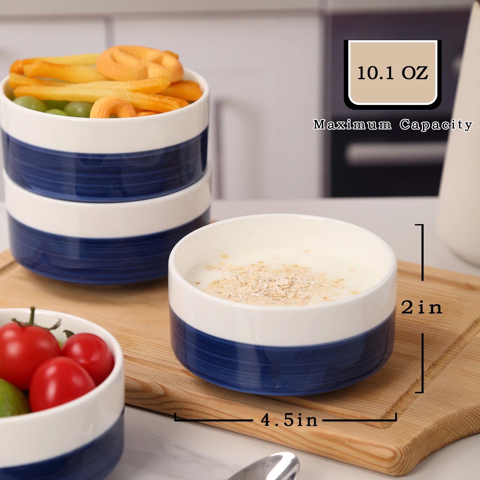 10 OZ WhiteBule Ceramic Bowls Set of 4 - Cereal Bowl,Soup Bowls for Kitchen, Ramen Bowl, Microwave Safe for Oatmeal, Fruit,Salad and Rice Bowl - Dishwasher & Microwave Safe view 14