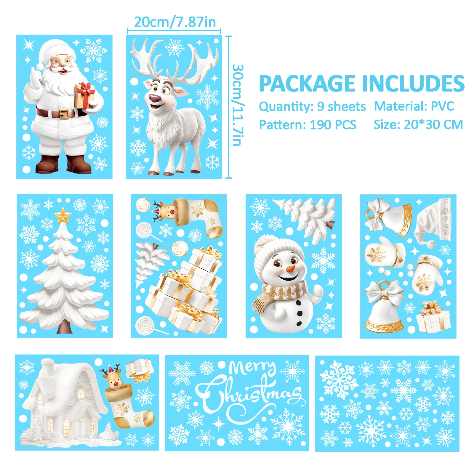 190Pcs Christmas Window Stickers Reusable - Double Sided Static Clings Snowflake Reindeer Scene Decor