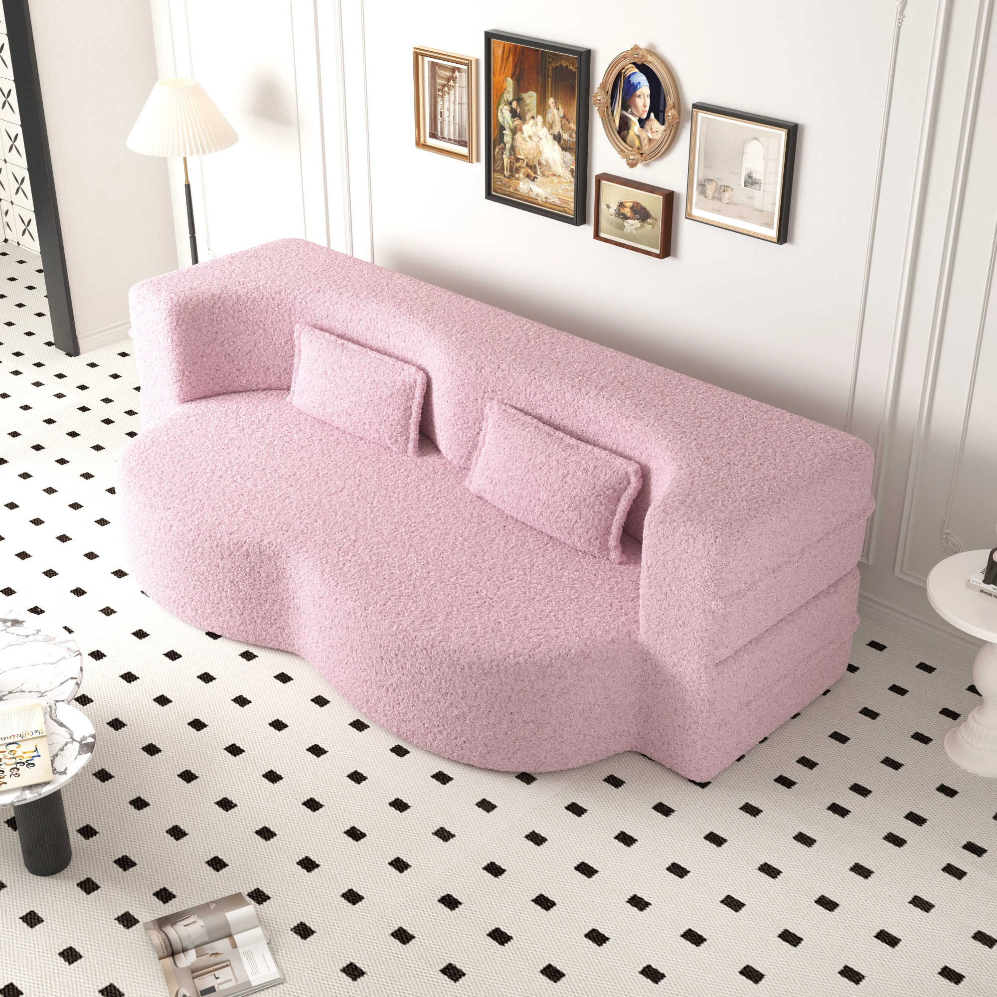 Modern Pink Floor Sofa Bed, Convertible Sherpa Fleece with 2 Pillows, 15" Full Size Folding Mattress, No Assembly, Living Room Playroom view 3