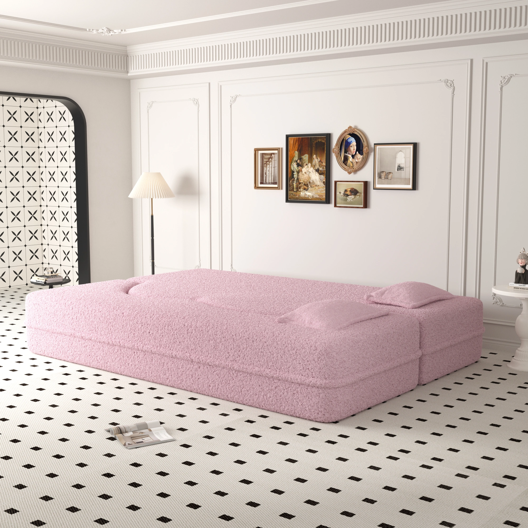 Modern Pink Floor Sofa Bed, Convertible Sherpa Fleece with 2 Pillows, 15" Full Size Folding Mattress, No Assembly, Living Room Playroom view 4
