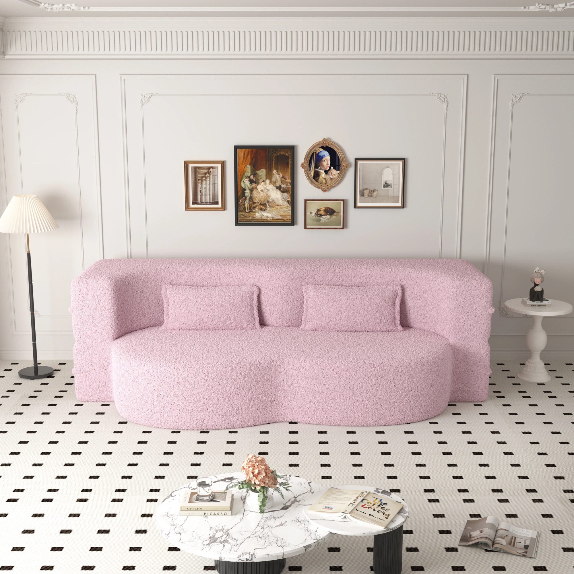 Modern Pink Floor Sofa Bed, Convertible Sherpa Fleece with 2 Pillows, 15" Full Size Folding Mattress, No Assembly, Living Room Playroom view 5
