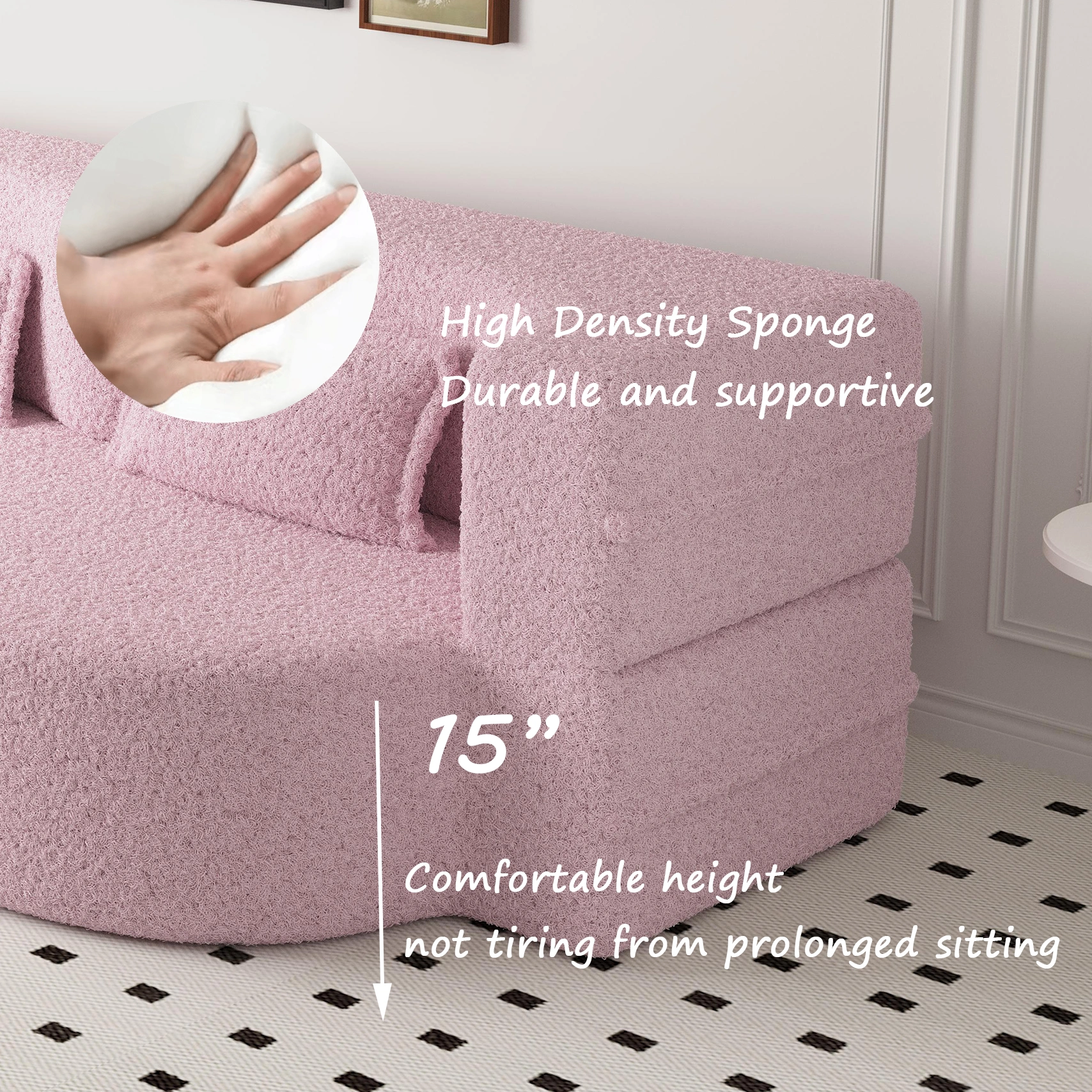 Modern Pink Floor Sofa Bed, Convertible Sherpa Fleece with 2 Pillows, 15" Full Size Folding Mattress, No Assembly, Living Room Playroom view 7