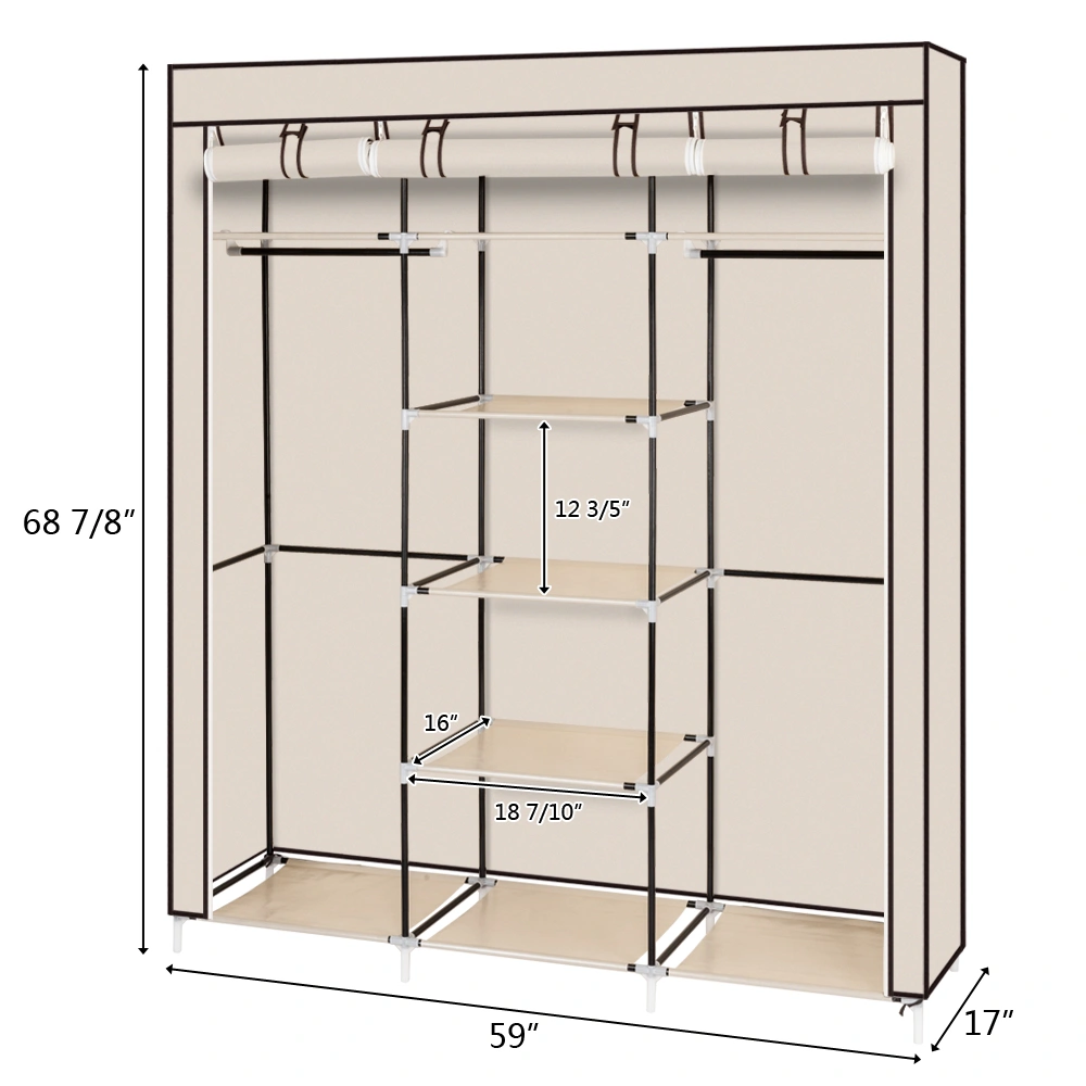 Portable Clothes Closet Wardrobe 69" Non-Woven Fabric Double Rod Storage Organizer with Cover Beige view 11