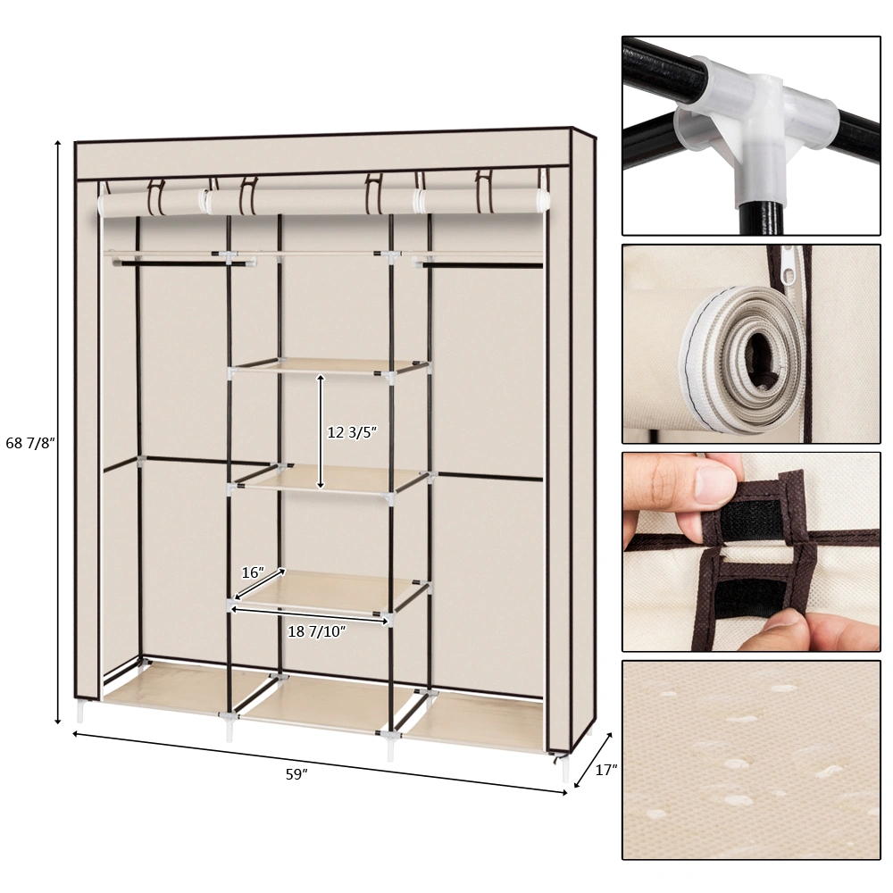 Portable Clothes Closet Wardrobe 69" Non-Woven Fabric Double Rod Storage Organizer with Cover Beige view 14