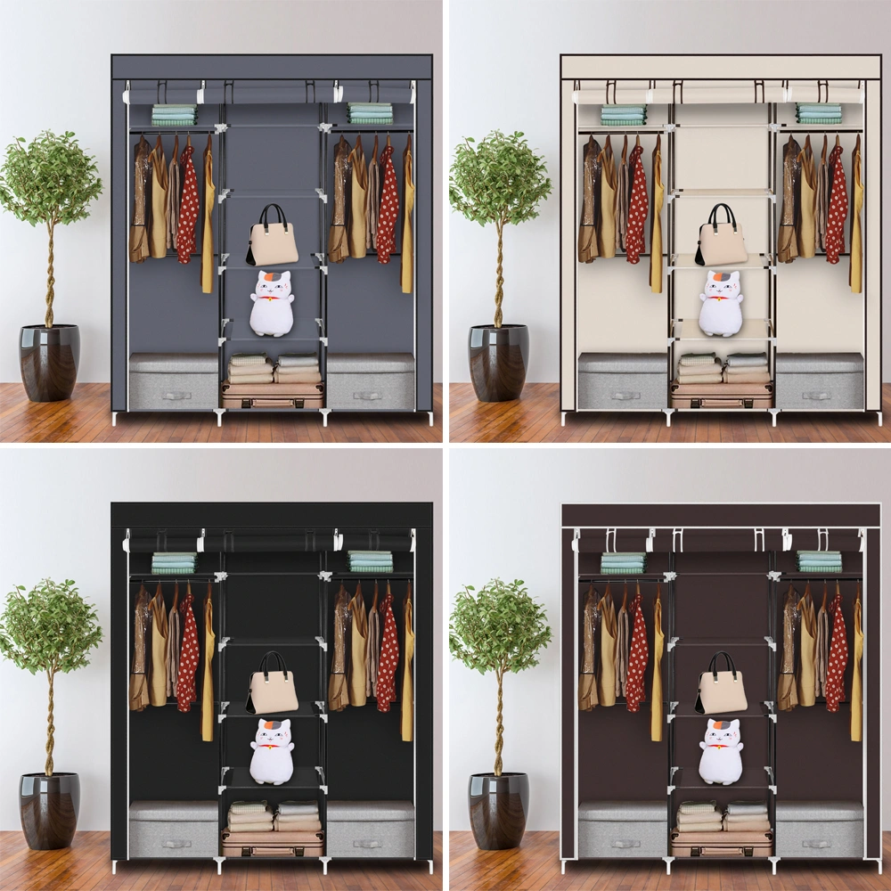 Portable Clothes Closet Wardrobe 69" Non-Woven Fabric Double Rod Storage Organizer with Cover Beige view 15