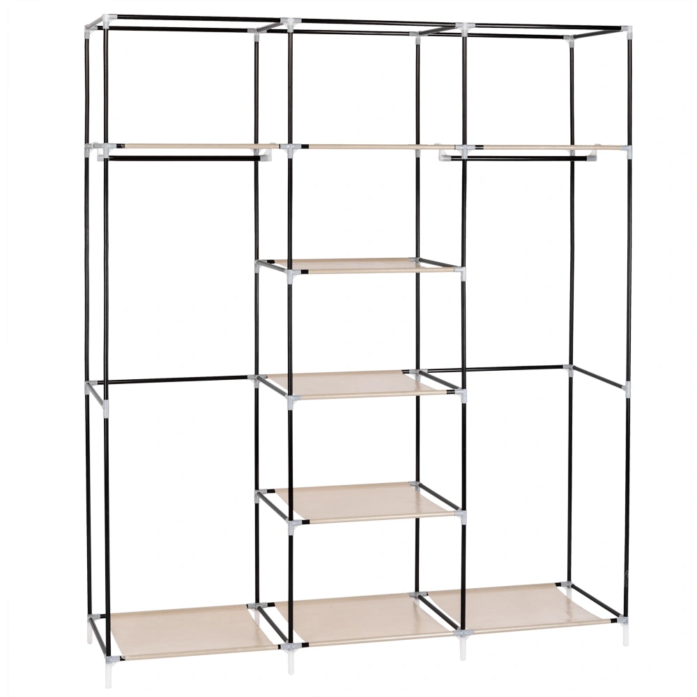 Portable Clothes Closet Wardrobe 69" Non-Woven Fabric Double Rod Storage Organizer with Cover Beige view 3
