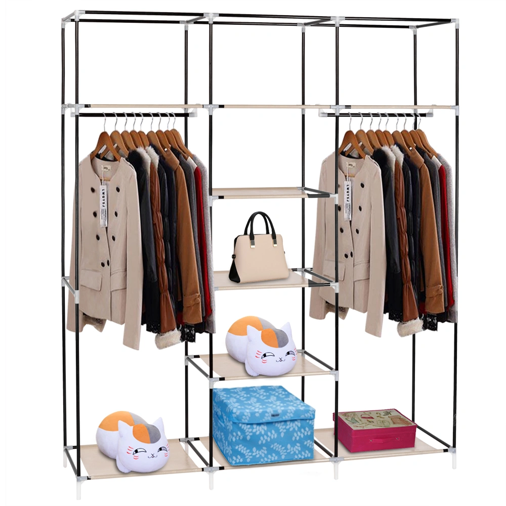 Portable Clothes Closet Wardrobe 69" Non-Woven Fabric Double Rod Storage Organizer with Cover Beige view 4