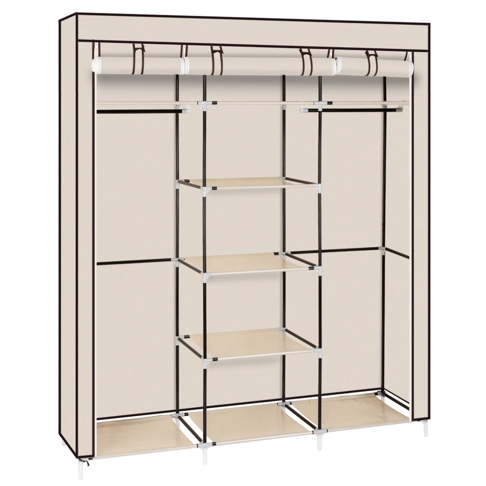 Portable Clothes Closet Wardrobe 69" Non-Woven Fabric Double Rod Storage Organizer with Cover Beige view 5