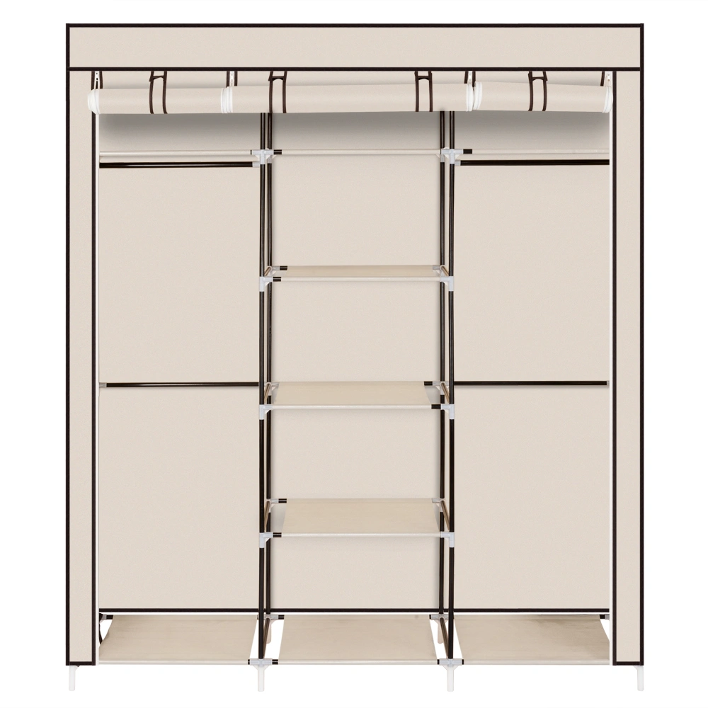 Portable Clothes Closet Wardrobe 69" Non-Woven Fabric Double Rod Storage Organizer with Cover Beige view 7