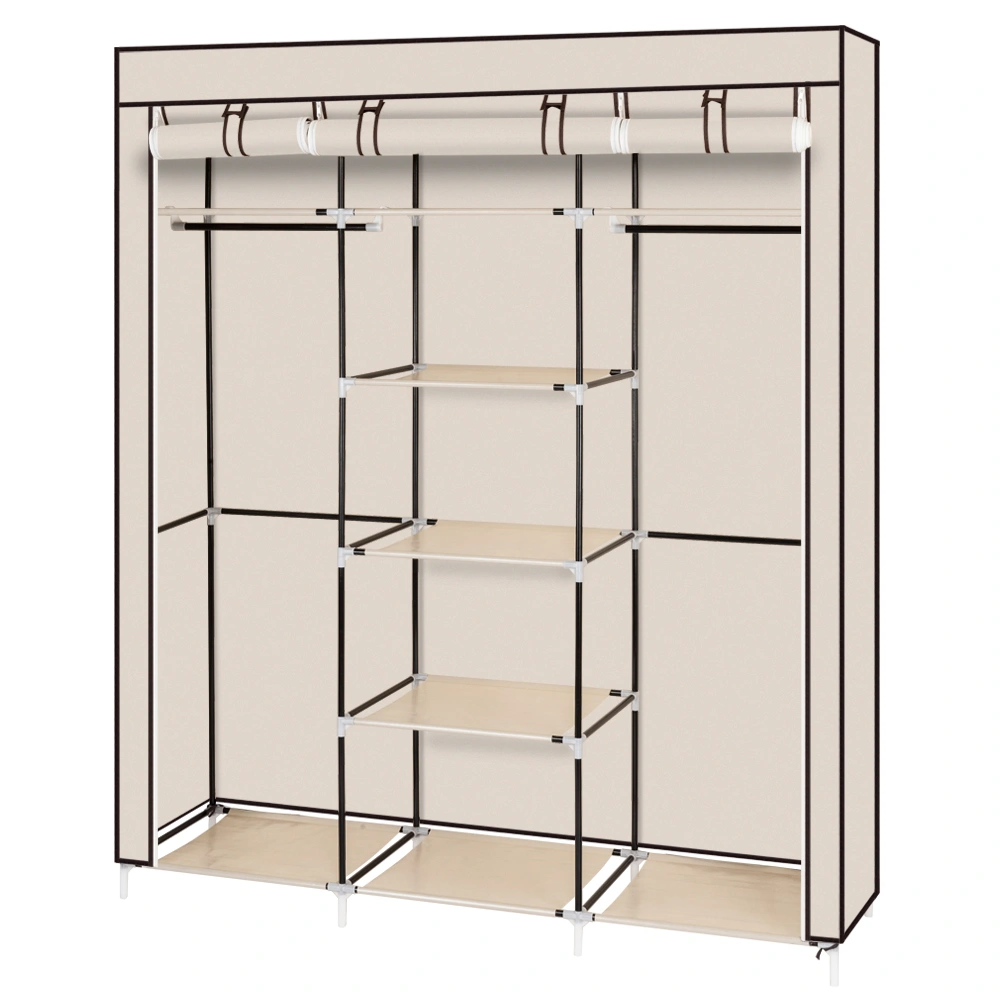 Portable Clothes Closet Wardrobe 69" Non-Woven Fabric Double Rod Storage Organizer with Cover Beige view 9