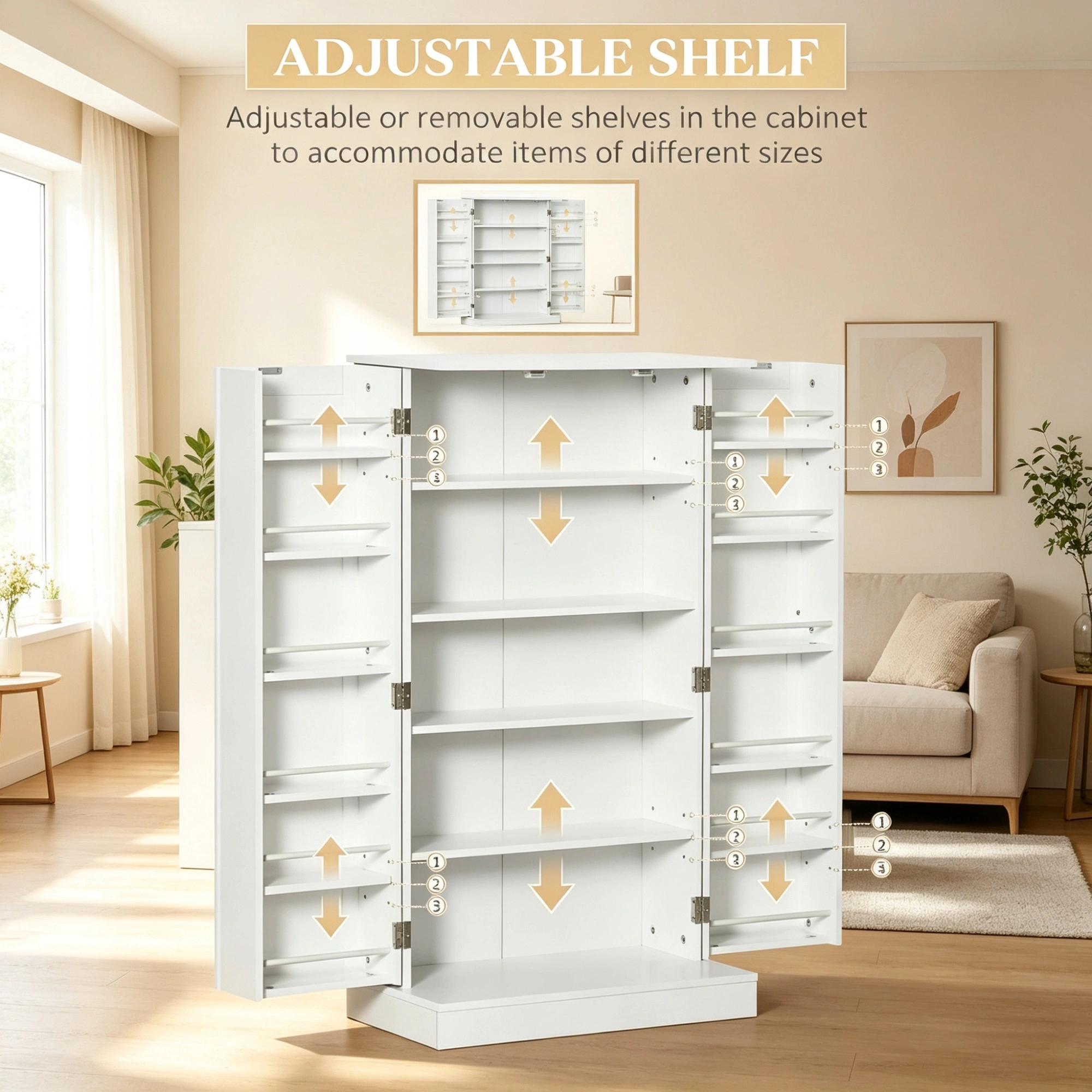 White 41" Modern Freestanding Kitchen Pantry Cabinet, Double Door Storage Organizer with Adjustable Shelves view 4