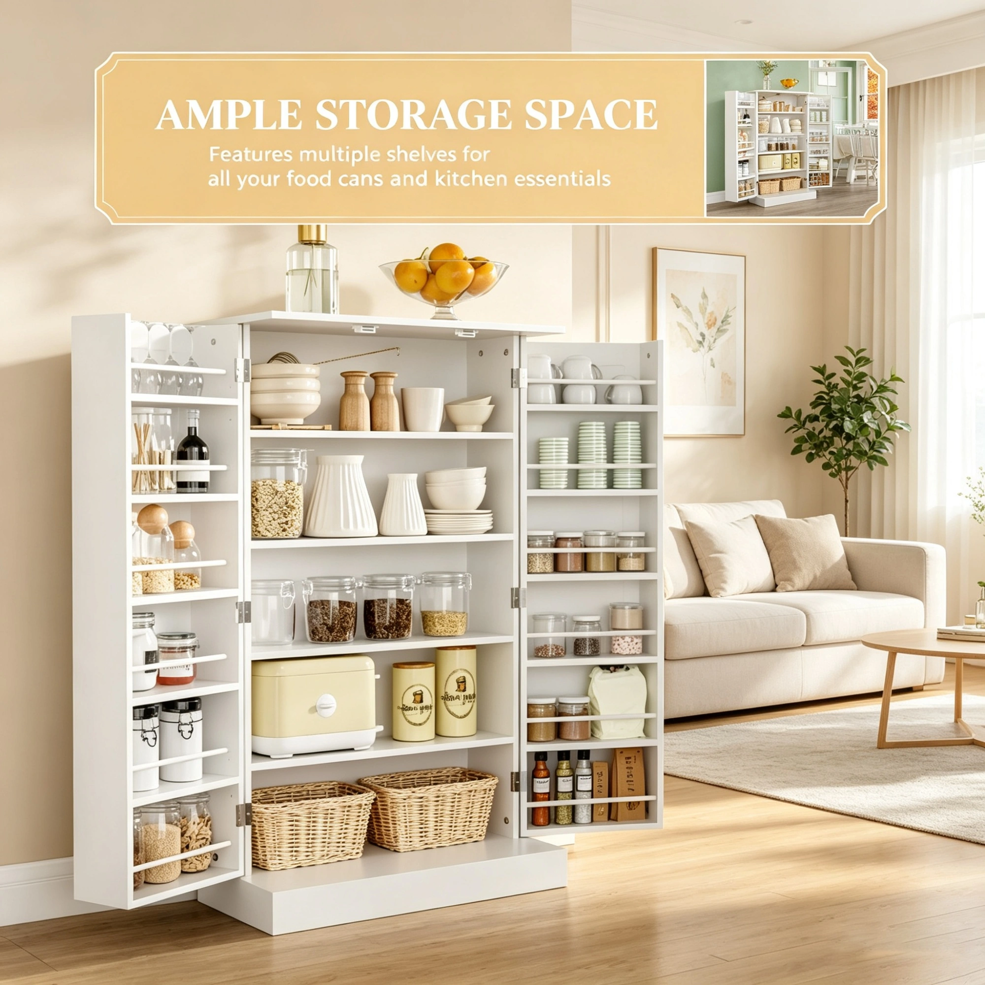 White 41" Modern Freestanding Kitchen Pantry Cabinet, Double Door Storage Organizer with Adjustable Shelves view 5