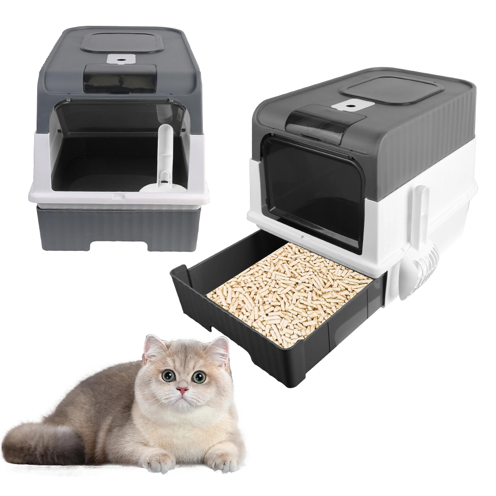 Large Cat Litter Box Anti-Splashing Self Cleaning Pan Drawer Tray with Lid Grey Pet Toilet Pee Pan for Cats