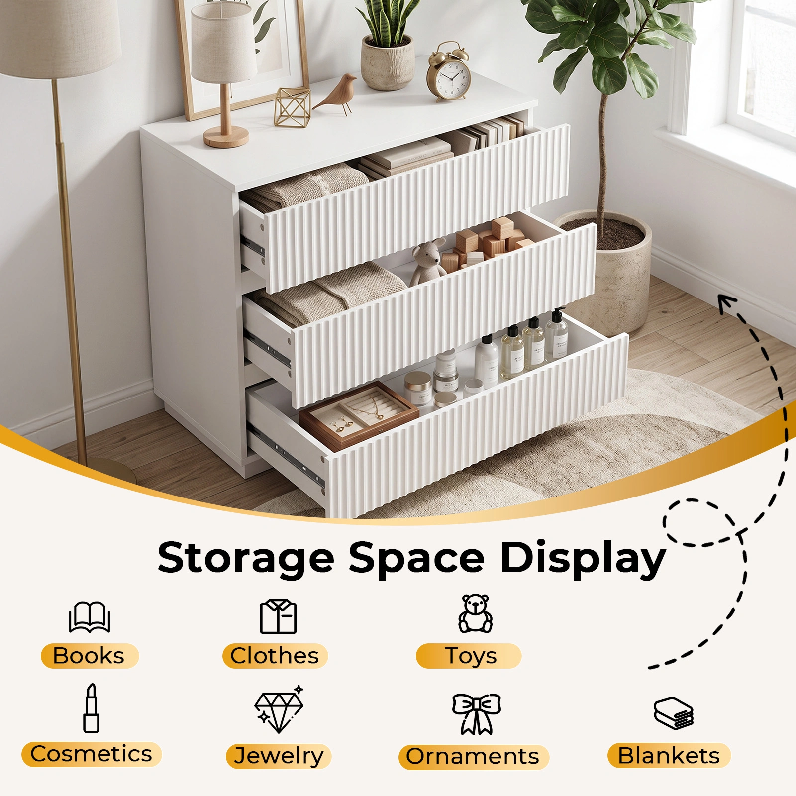 Handleless Grille-Finished 3-Drawer Bedside Table P2 Particleboard + MDF & Melamine Veneer + Thermoformed Drawer Dresser 23.62*12.99*22.05in White view 11