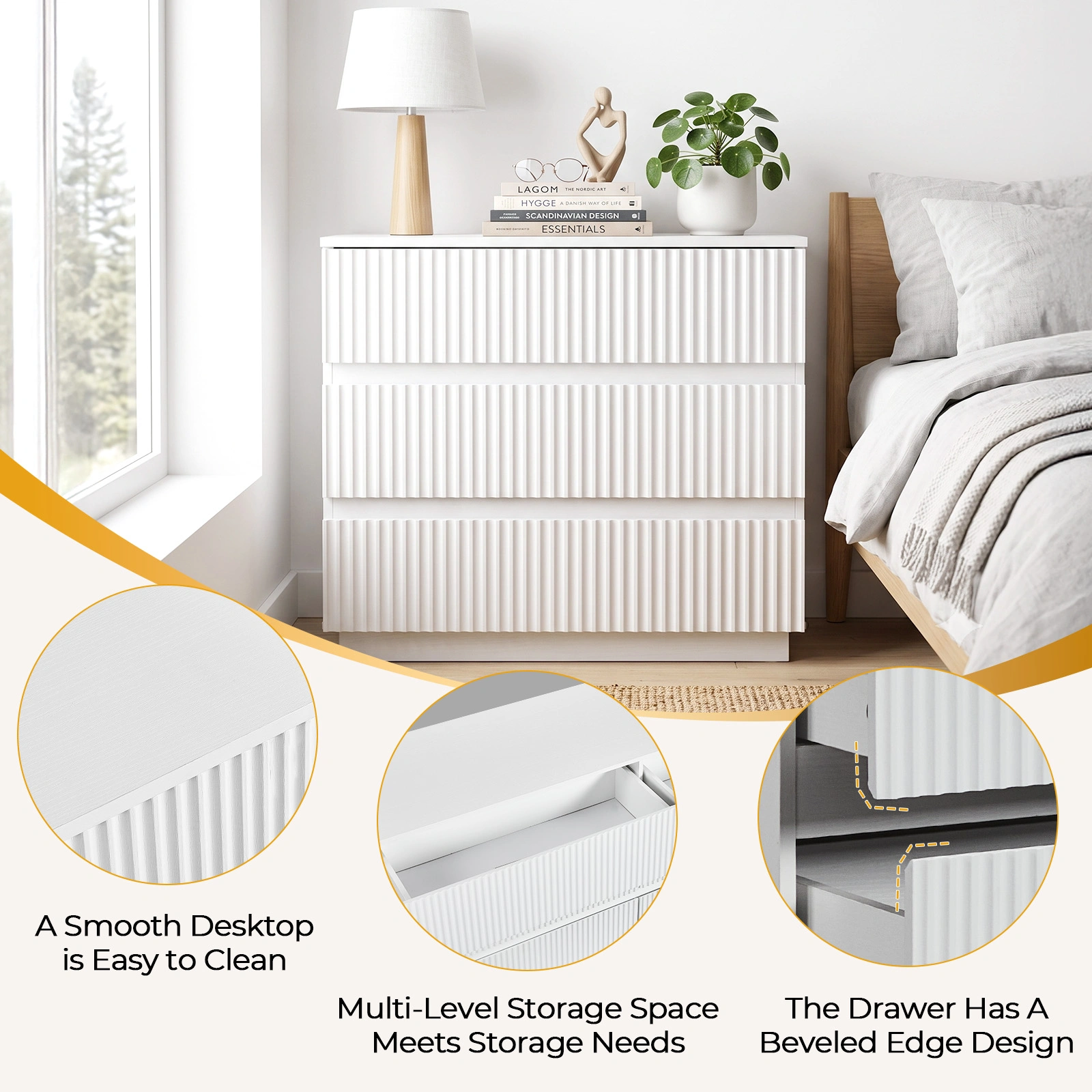 Handleless Grille-Finished 3-Drawer Bedside Table P2 Particleboard + MDF & Melamine Veneer + Thermoformed Drawer Dresser 23.62*12.99*22.05in White view 12