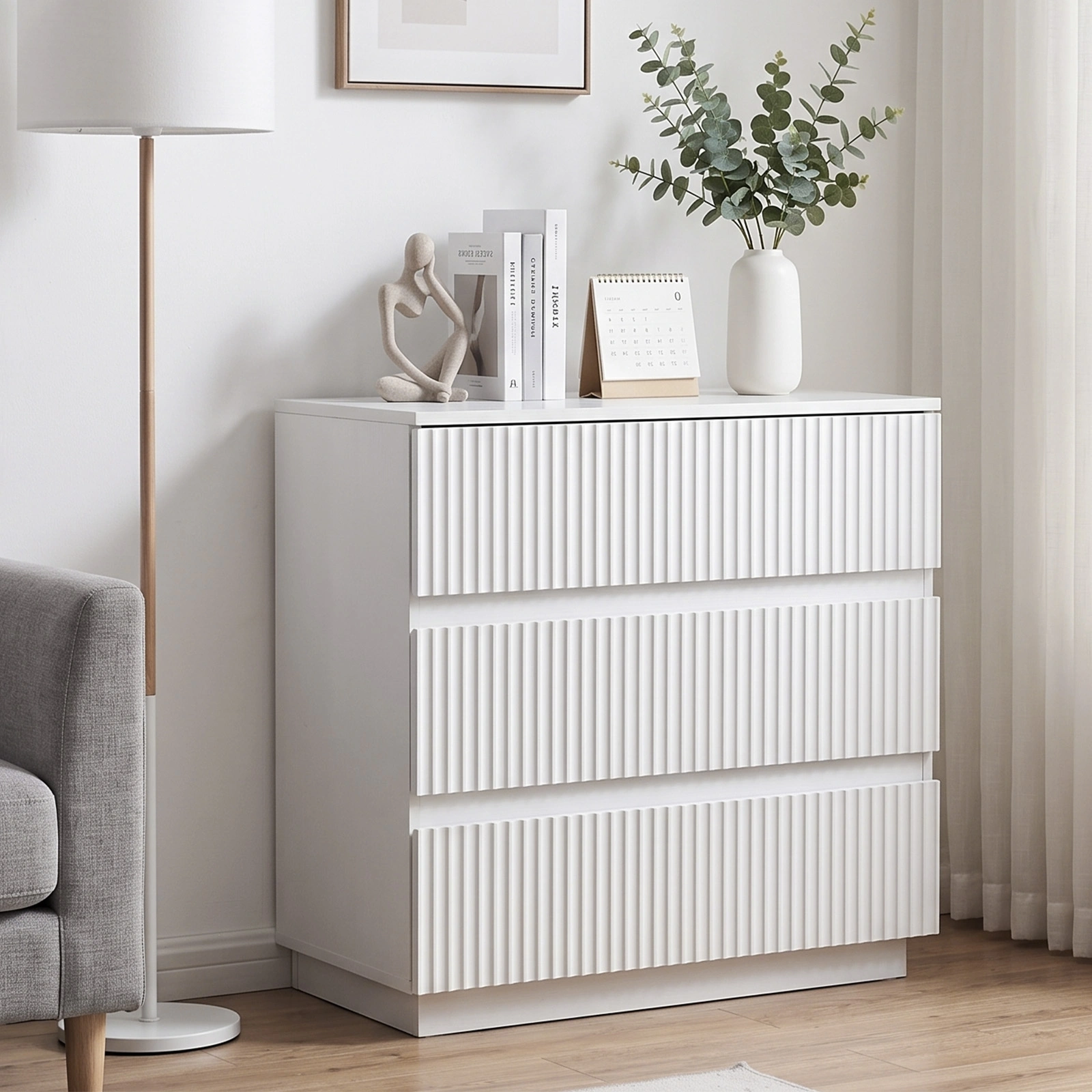Handleless Grille-Finished 3-Drawer Bedside Table P2 Particleboard + MDF & Melamine Veneer + Thermoformed Drawer Dresser 23.62*12.99*22.05in White view 13