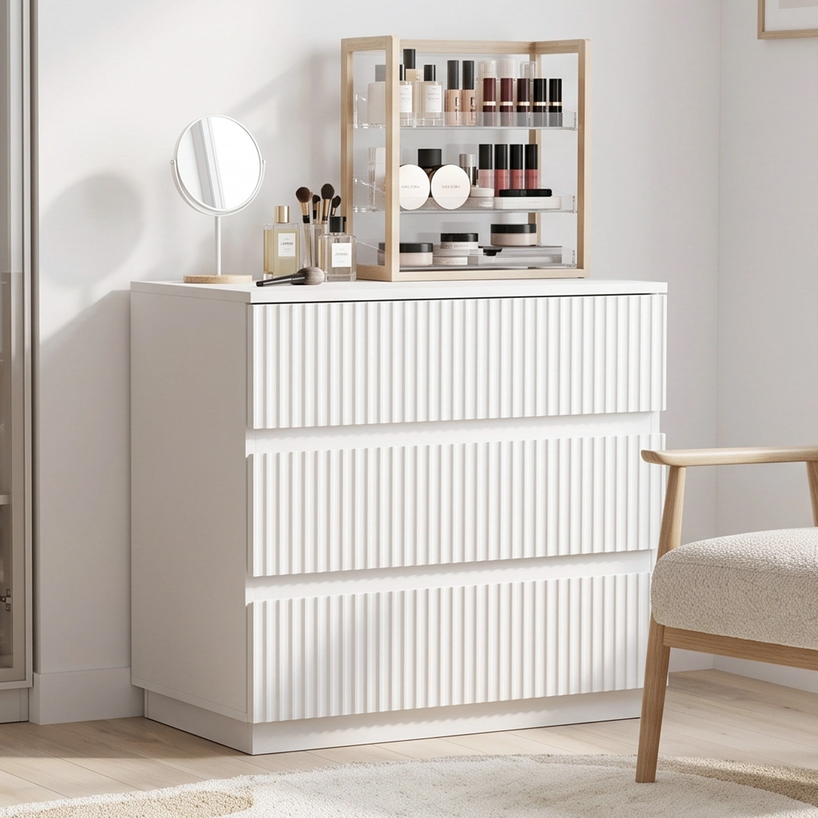 Handleless Grille-Finished 3-Drawer Bedside Table P2 Particleboard + MDF & Melamine Veneer + Thermoformed Drawer Dresser 23.62*12.99*22.05in White view 14