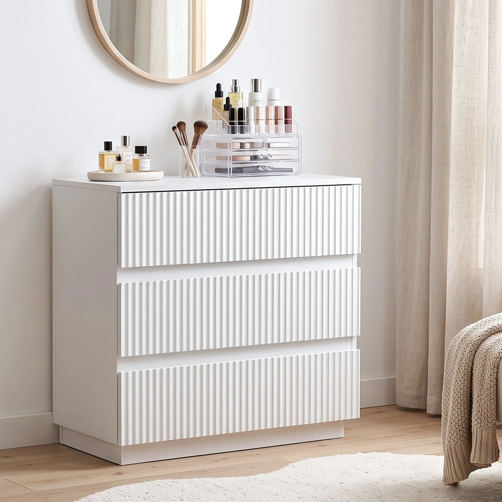 Handleless Grille-Finished 3-Drawer Bedside Table P2 Particleboard + MDF & Melamine Veneer + Thermoformed Drawer Dresser 23.62*12.99*22.05in White view 15