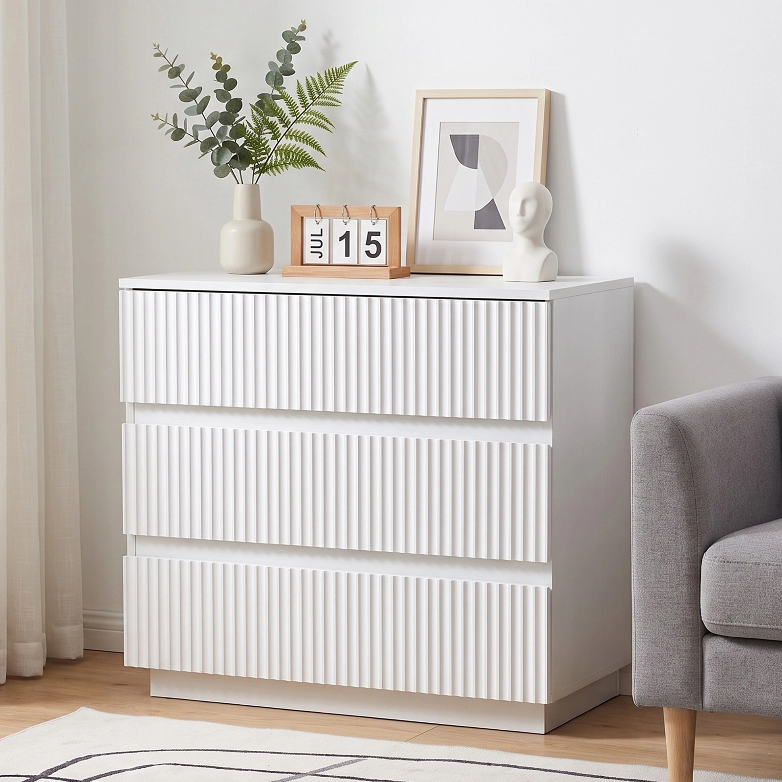 Handleless Grille-Finished 3-Drawer Bedside Table P2 Particleboard + MDF & Melamine Veneer + Thermoformed Drawer Dresser 23.62*12.99*22.05in White view 16