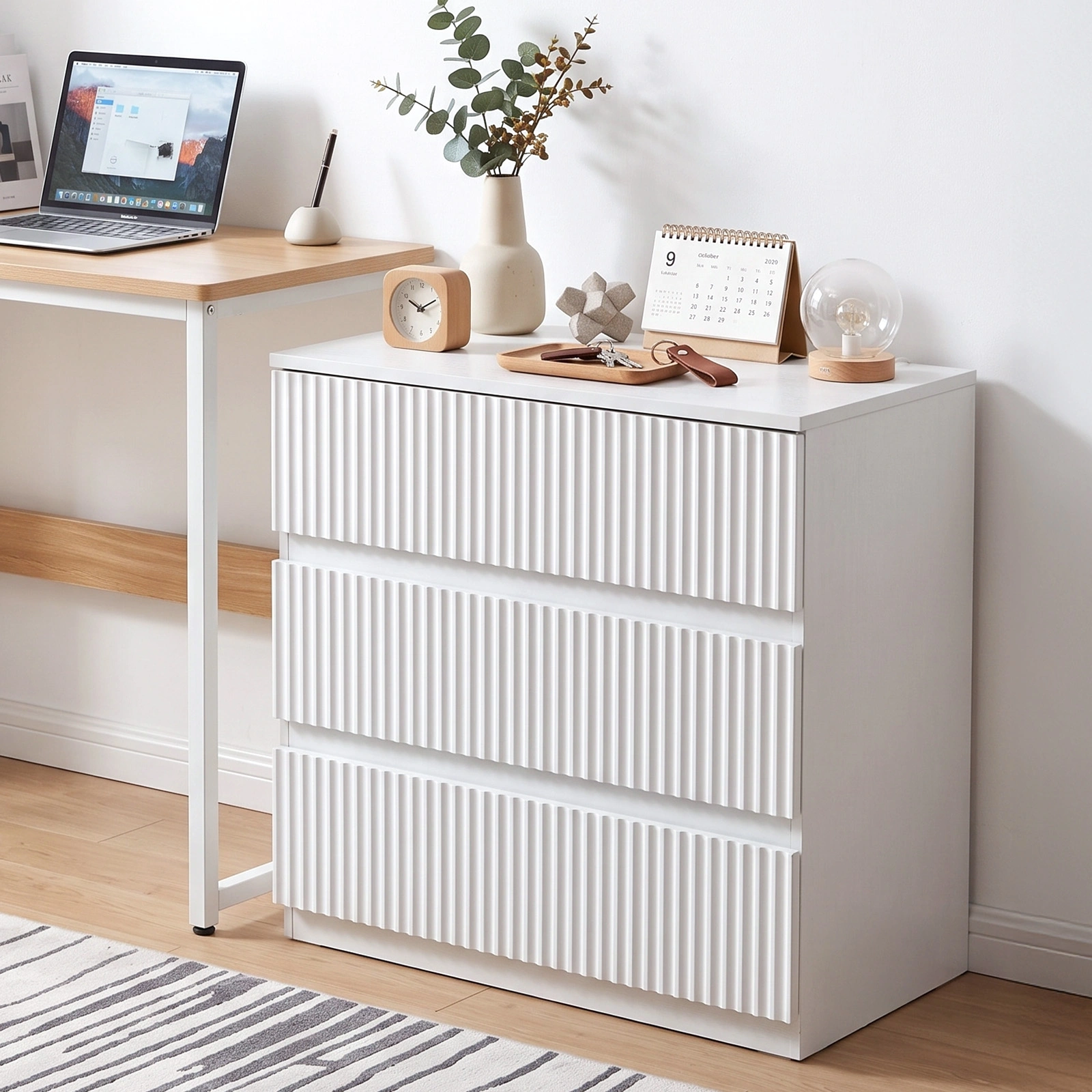 Handleless Grille-Finished 3-Drawer Bedside Table P2 Particleboard + MDF & Melamine Veneer + Thermoformed Drawer Dresser 23.62*12.99*22.05in White view 17