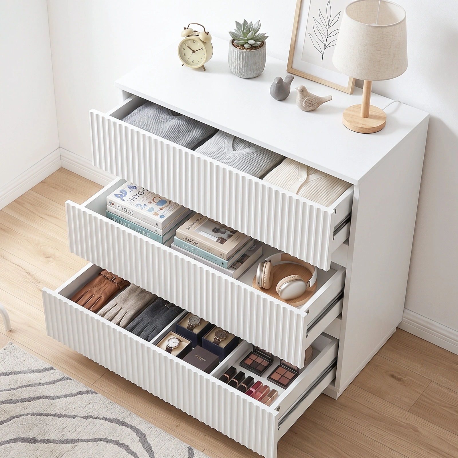 Handleless Grille-Finished 3-Drawer Bedside Table P2 Particleboard + MDF & Melamine Veneer + Thermoformed Drawer Dresser 23.62*12.99*22.05in White view 18