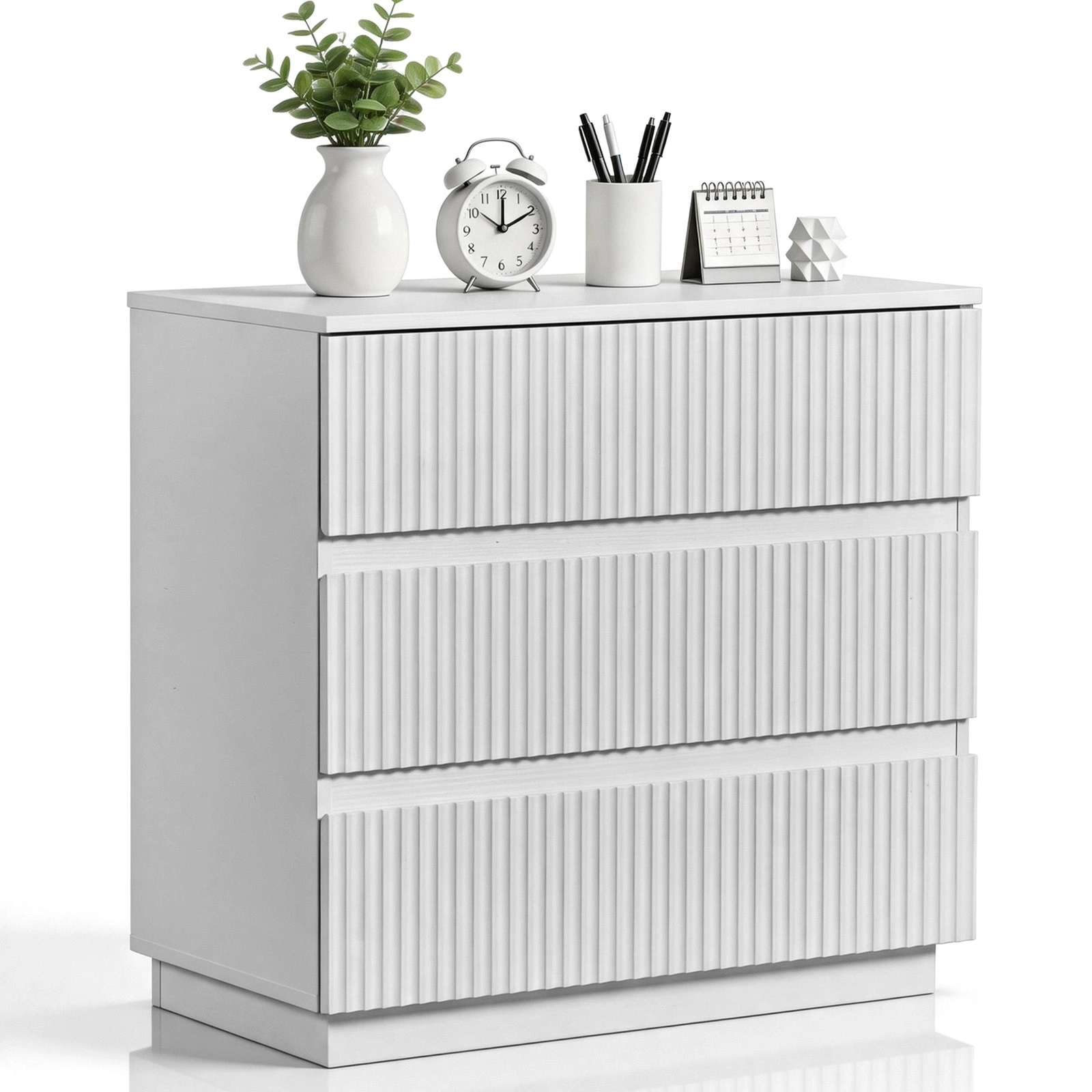 Handleless Grille-Finished 3-Drawer Bedside Table P2 Particleboard + MDF & Melamine Veneer + Thermoformed Drawer Dresser 23.62*12.99*22.05in White view 3