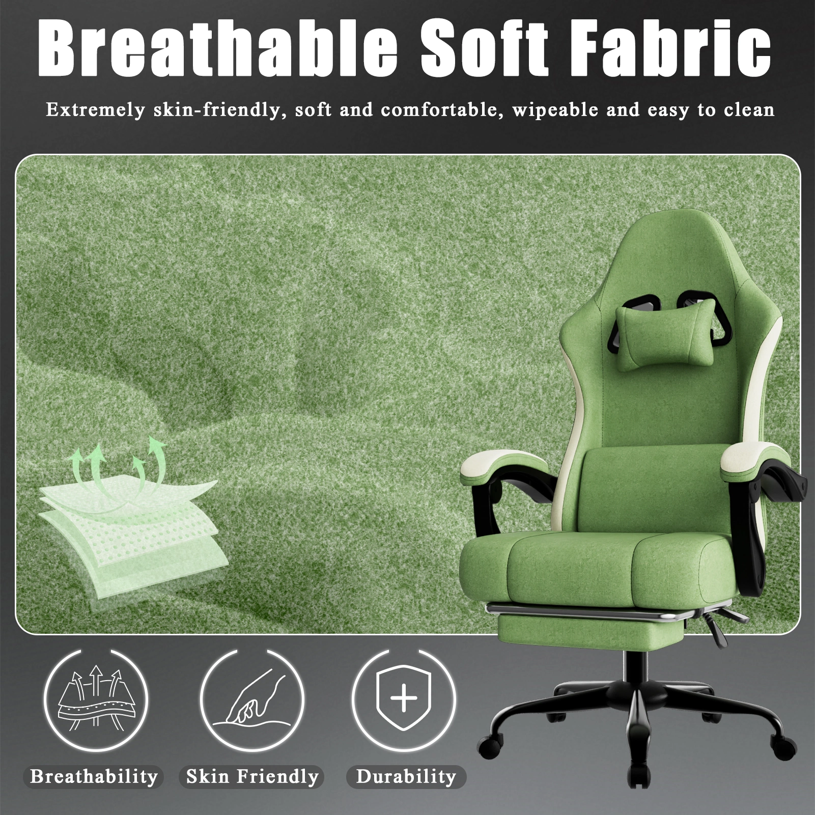 Gaming Chair Ergonomic with Pocketed Spring Cushion, Adjustable Lumbar Support & Footrest, Breathable Fabric Computer Chair for Adults view 4