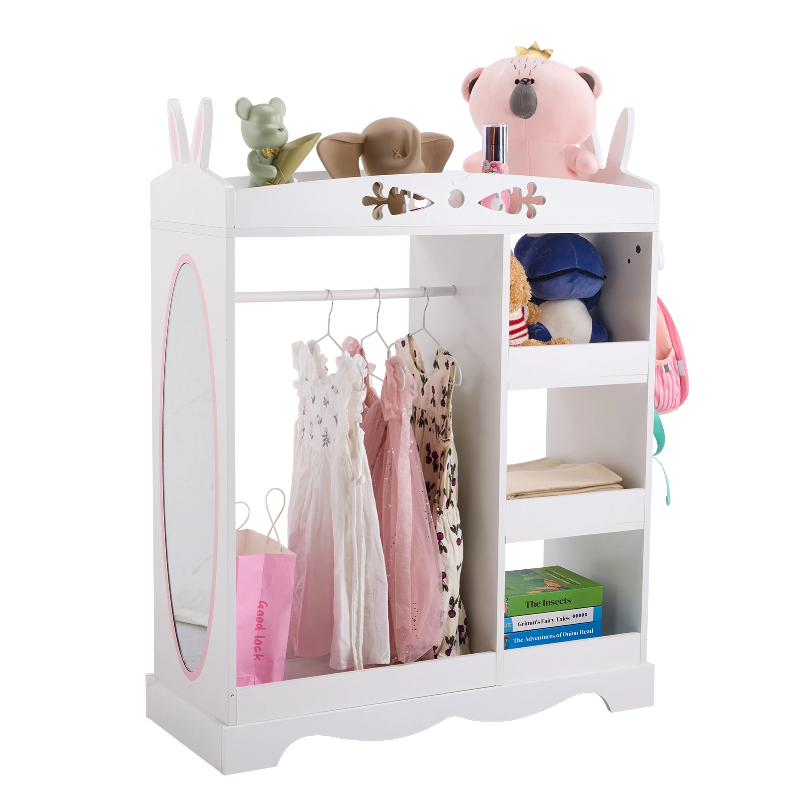 White Kids Wardrobe with Mirror, Rabbit Ear Design, 3 Shelves & Clothes Rod, MDF Particleboard Kids Storage Closet