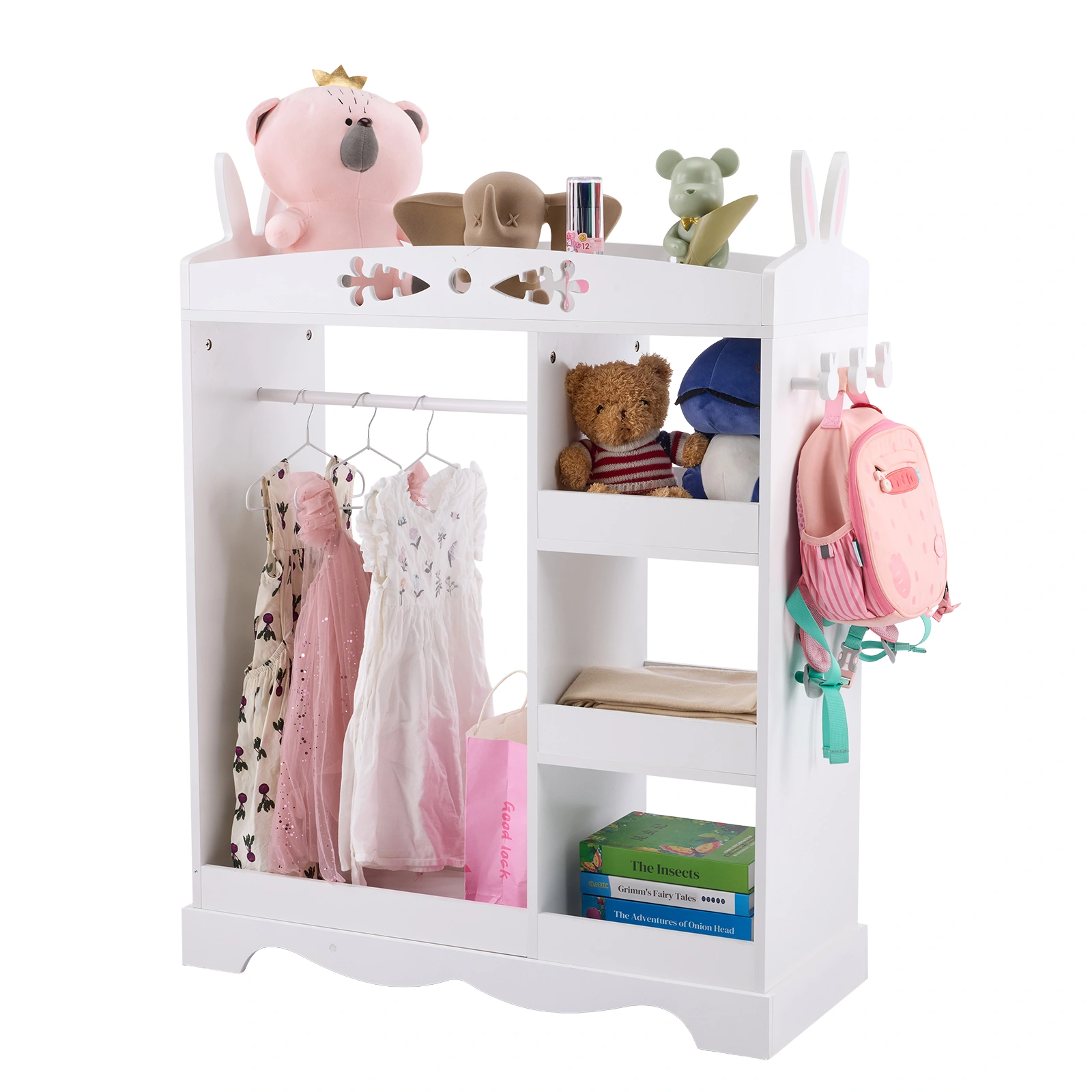 White Kids Wardrobe with Mirror, Rabbit Ear Design, 3 Shelves & Clothes Rod, MDF Particleboard Kids Storage Closet view 2