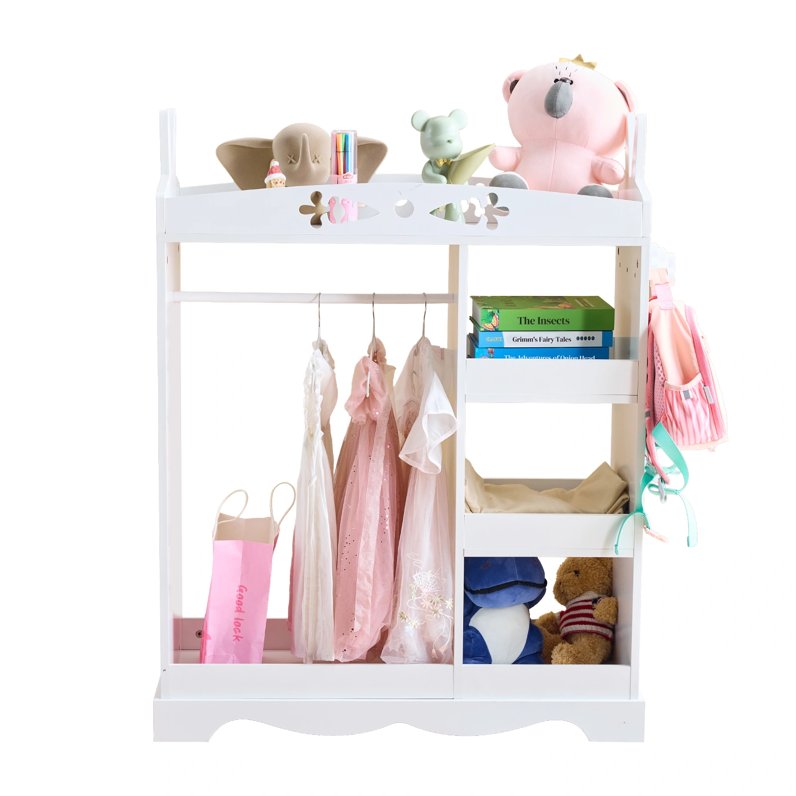 White Kids Wardrobe with Mirror, Rabbit Ear Design, 3 Shelves & Clothes Rod, MDF Particleboard Kids Storage Closet view 3