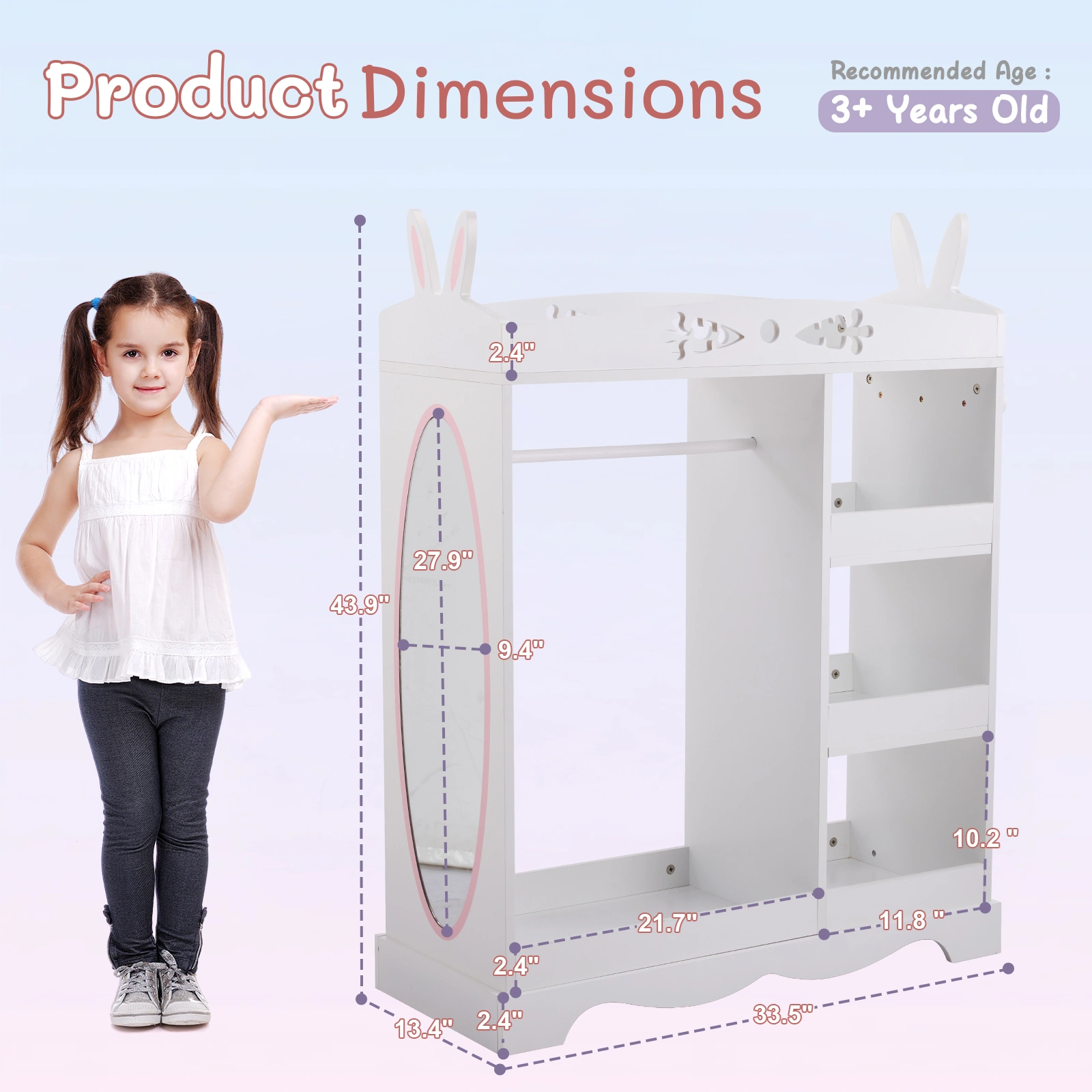 White Kids Wardrobe with Mirror, Rabbit Ear Design, 3 Shelves & Clothes Rod, MDF Particleboard Kids Storage Closet view 4