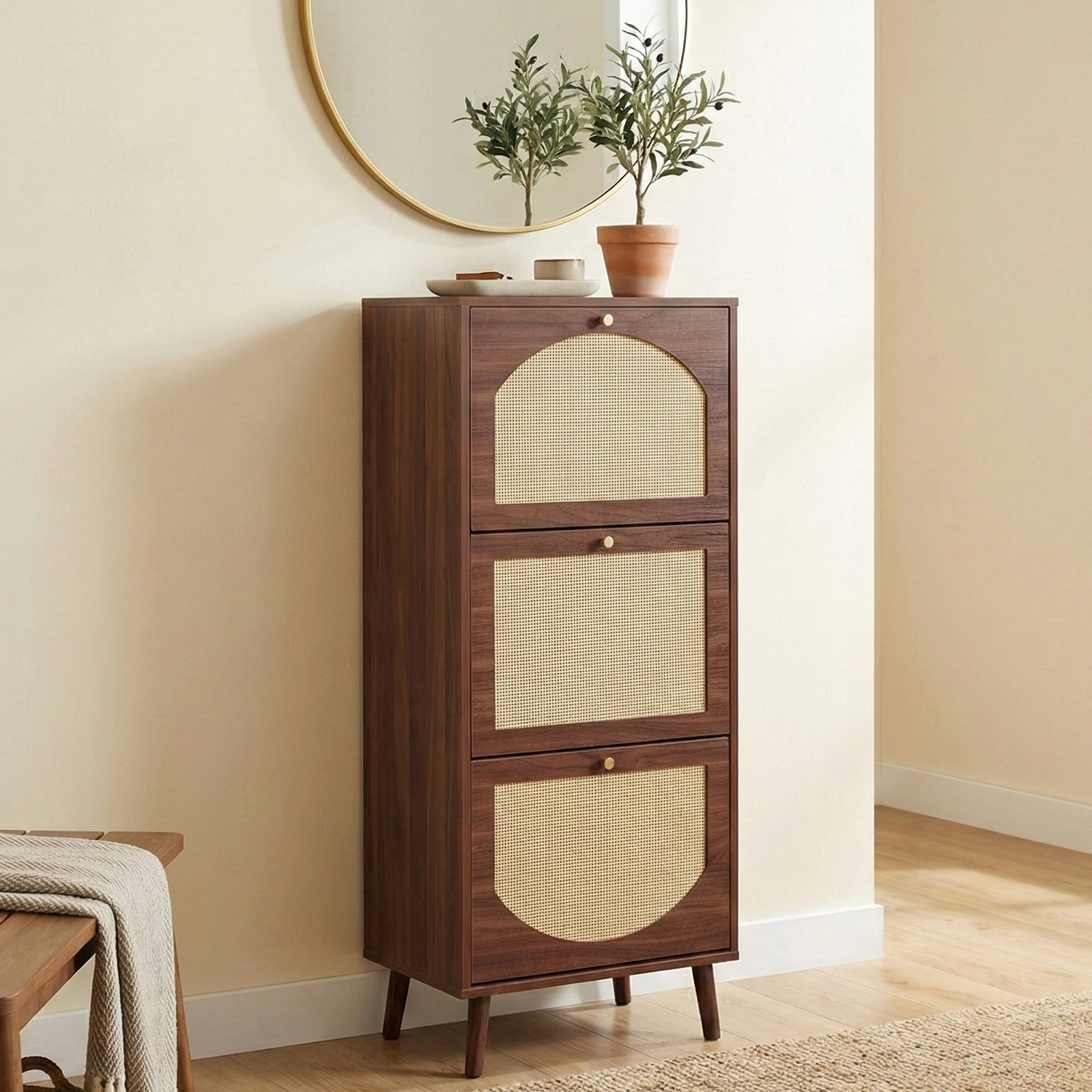 Rattan-covered 3-drawer shoe cabinet, particleboard, 54*24*135 cm, brown view 6