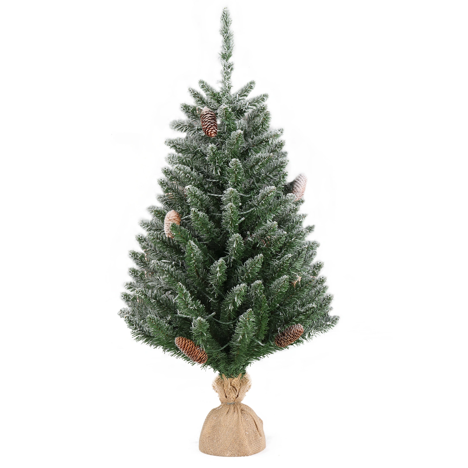 FCH 3ft Christmas Tree with Linen Base - Green Flocked PVC Tree, 118 Branches, 100 Warm White LEDs, 8 Lighting Modes, Battery Operated