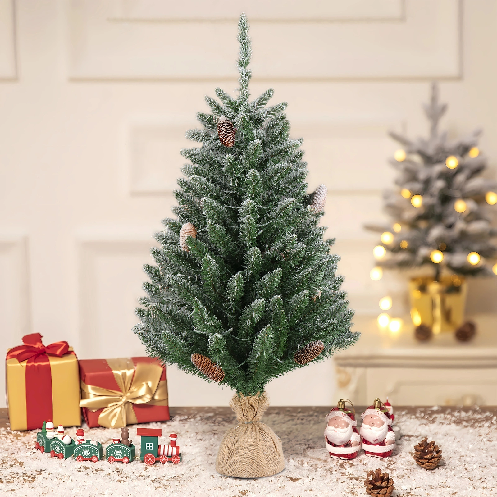 FCH 3ft Christmas Tree with Linen Base - Green Flocked PVC Tree, 118 Branches, 100 Warm White LEDs, 8 Lighting Modes, Battery Operated view 2