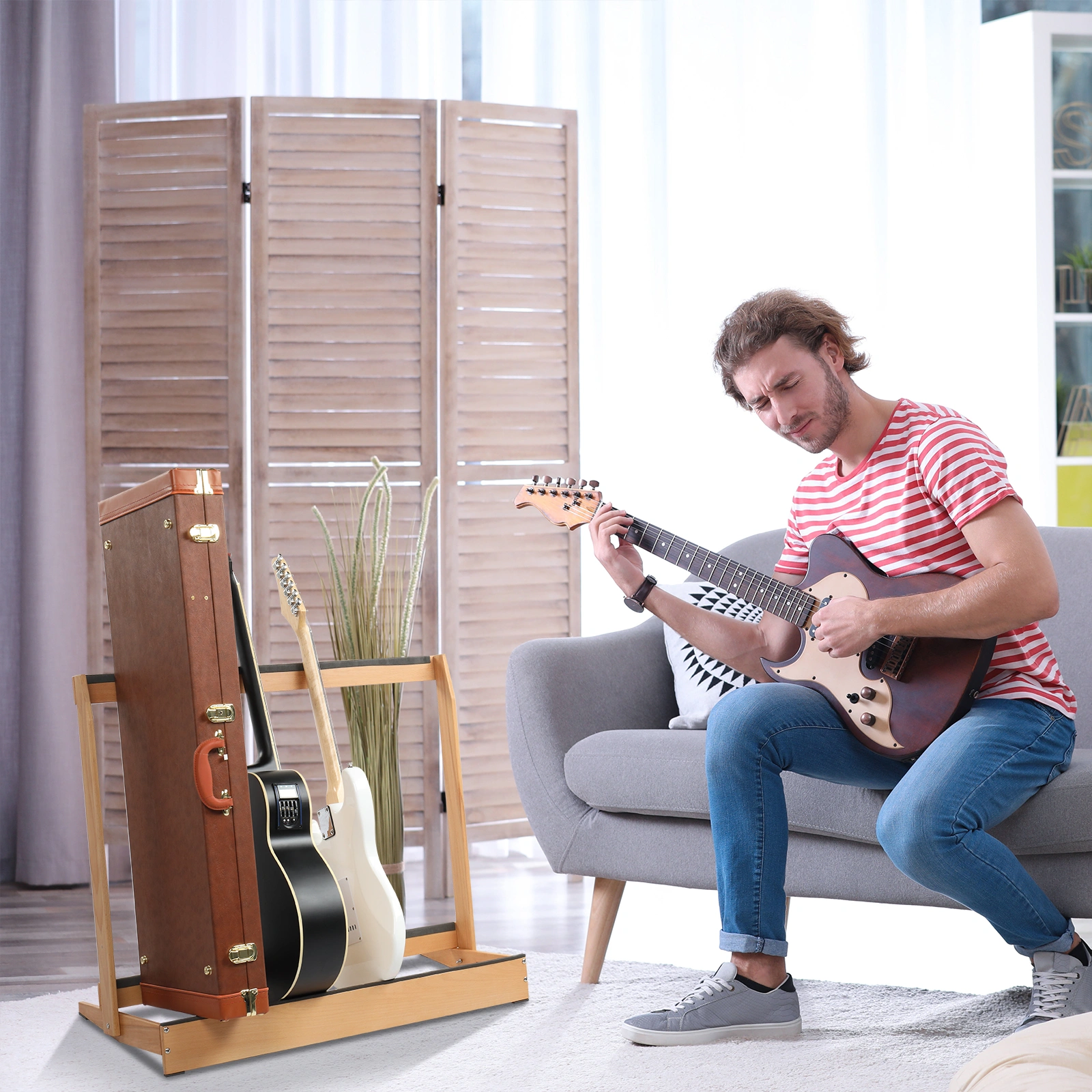 Folding Hardwood Guitar Stand, Compact Case Holder for Electric Guitar, Bass & Acoustic, Space-Saving for Home Studio view 5