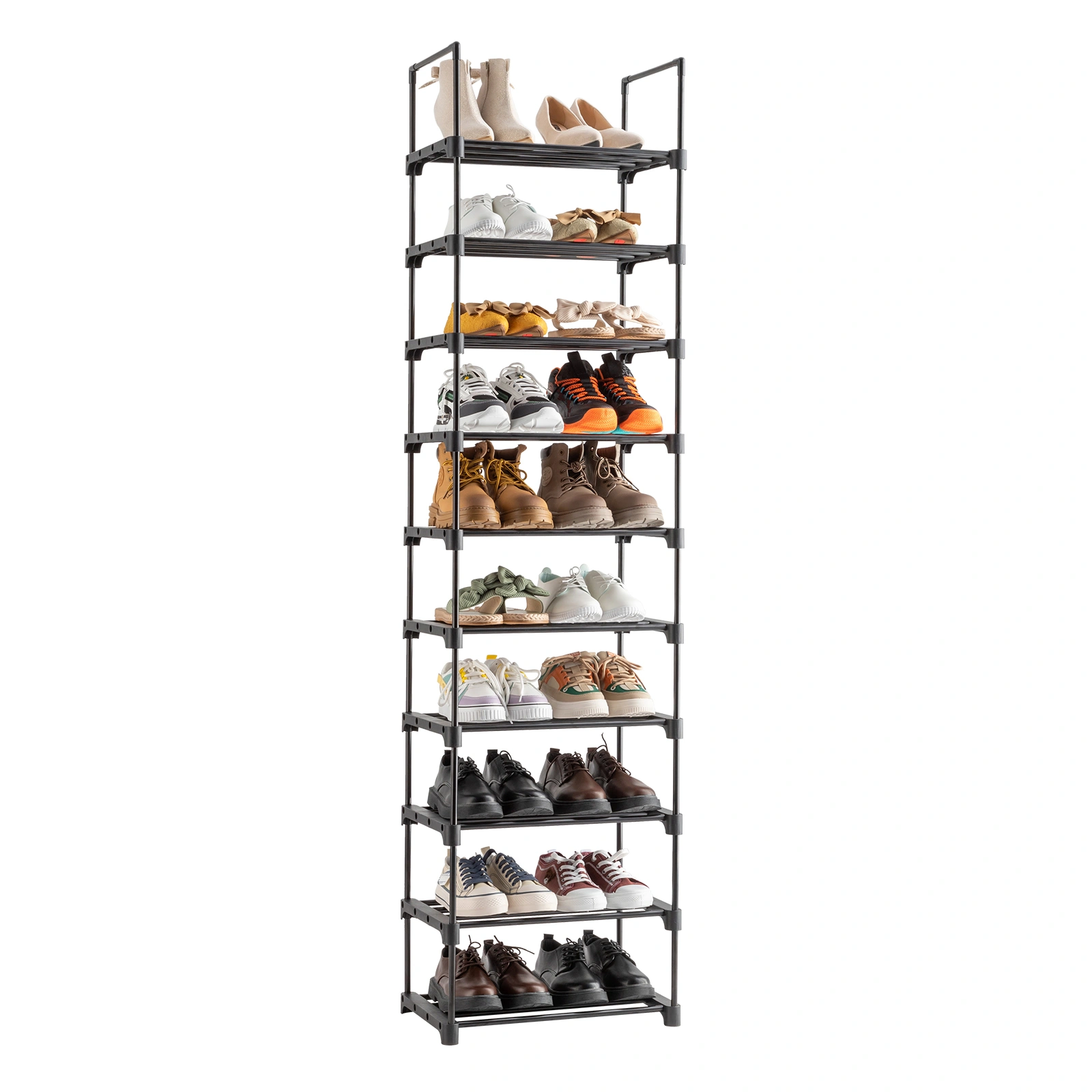 1-Tier Shoe Rack 45x30x174cm Metal Frame with 4 Poles Plastic Pipes 13mm Diameter Black Storage Organizer