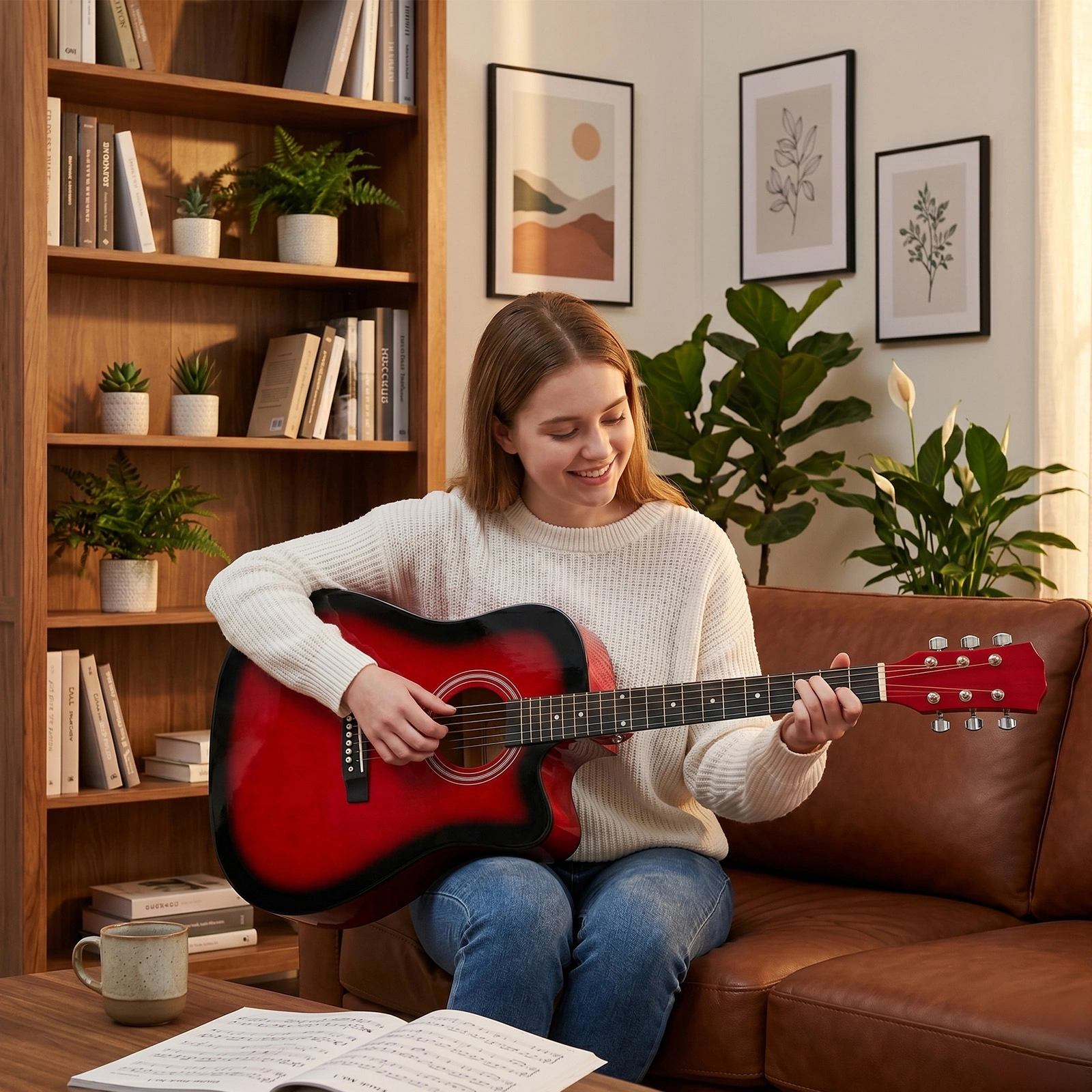 Turn red 41-inch Dreadnought barrel-shaped cutaway acoustic guitar with pick, strings, capo, gig bag, tuner, wrench tool, and shoulder strap view 10