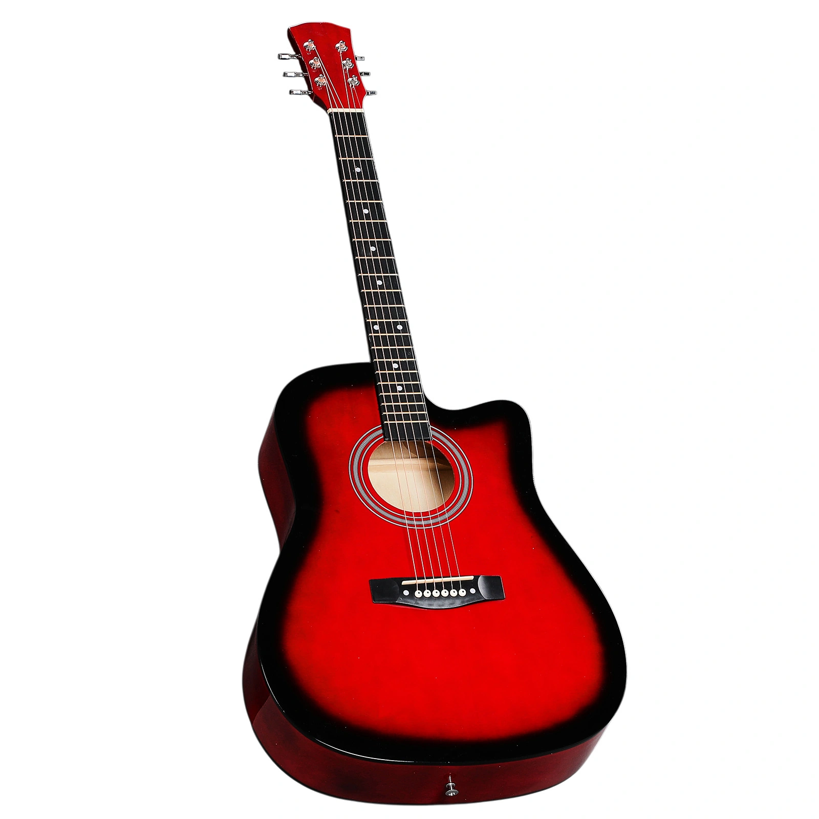 Turn red 41-inch Dreadnought barrel-shaped cutaway acoustic guitar with pick, strings, capo, gig bag, tuner, wrench tool, and shoulder strap view 12