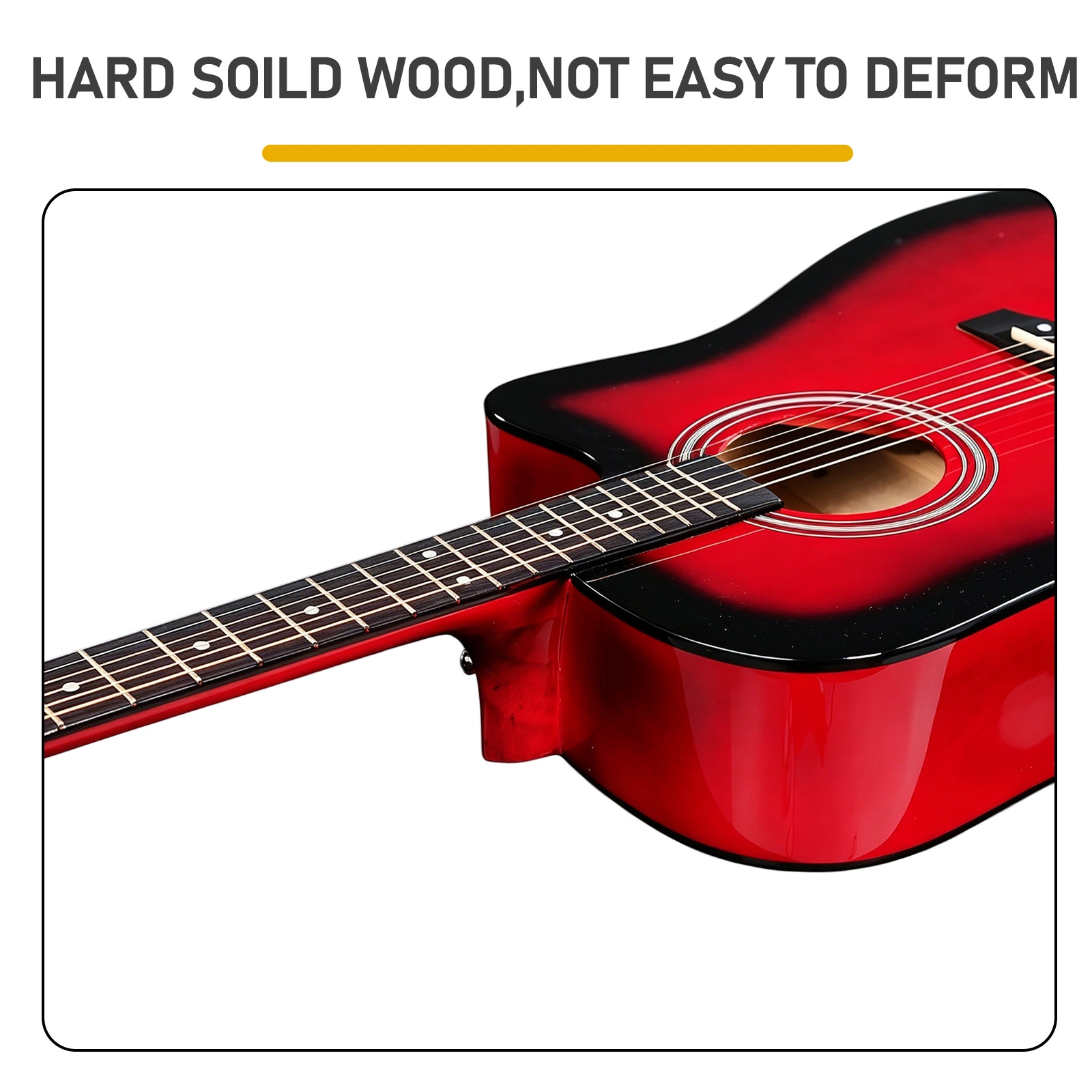 Turn red 41-inch Dreadnought barrel-shaped cutaway acoustic guitar with pick, strings, capo, gig bag, tuner, wrench tool, and shoulder strap view 4